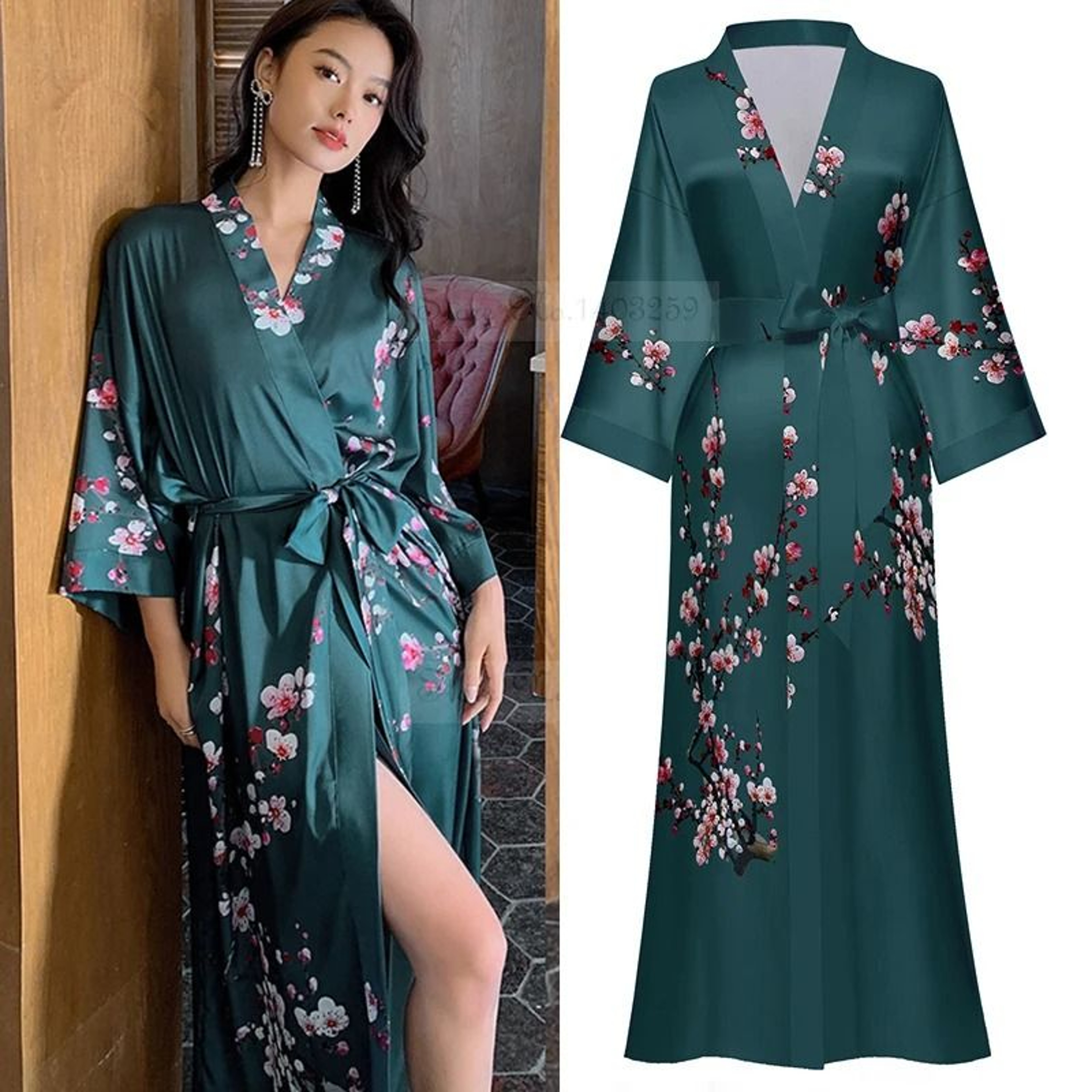 New Spring Summer Female Long Robe Set  Sexy Flower Print Kimono  Silk Satin Casual Lounge Wear 2