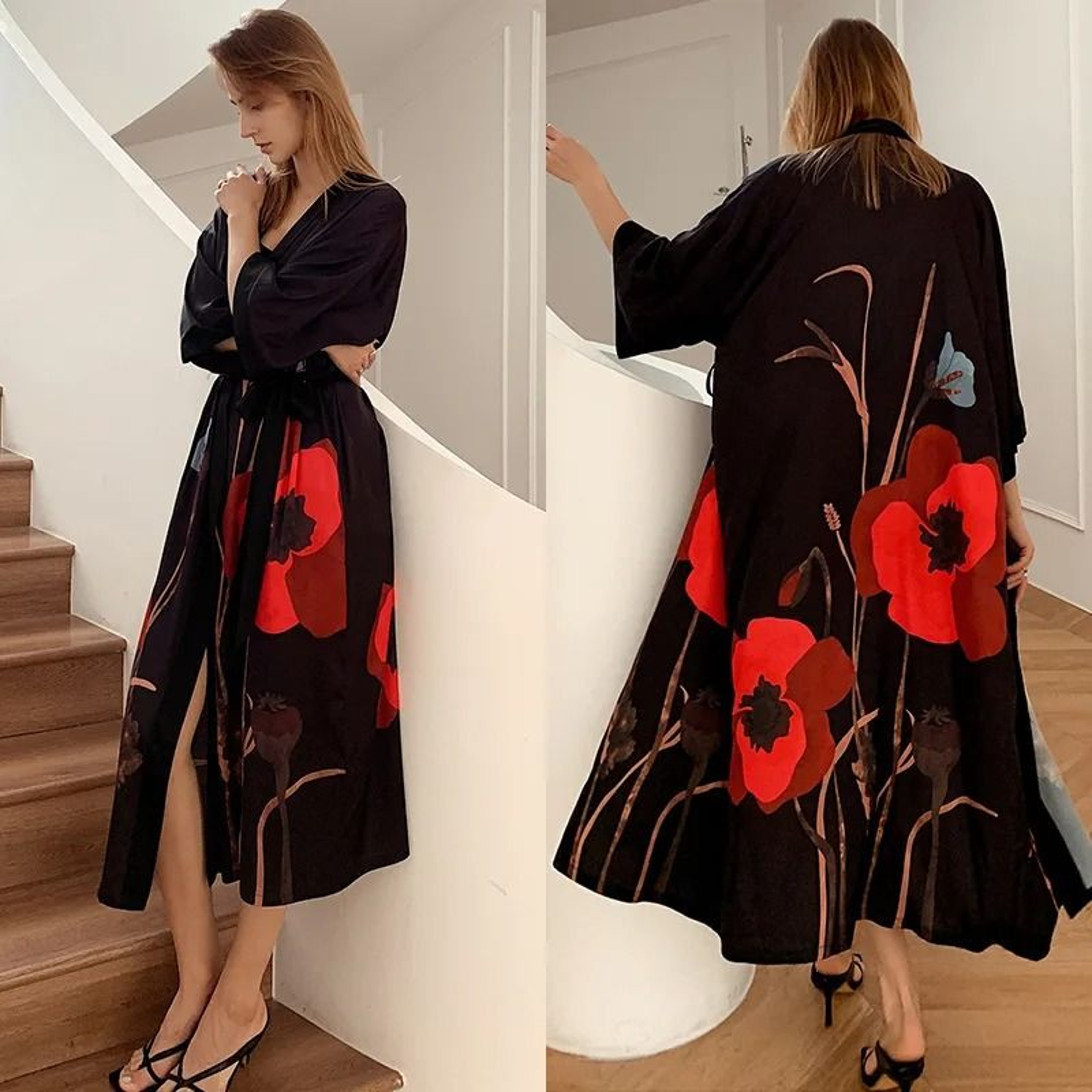 New Spring Summer Female Long Robe Set  Sexy Flower Print Kimono  Silk Satin Casual Lounge Wear 23