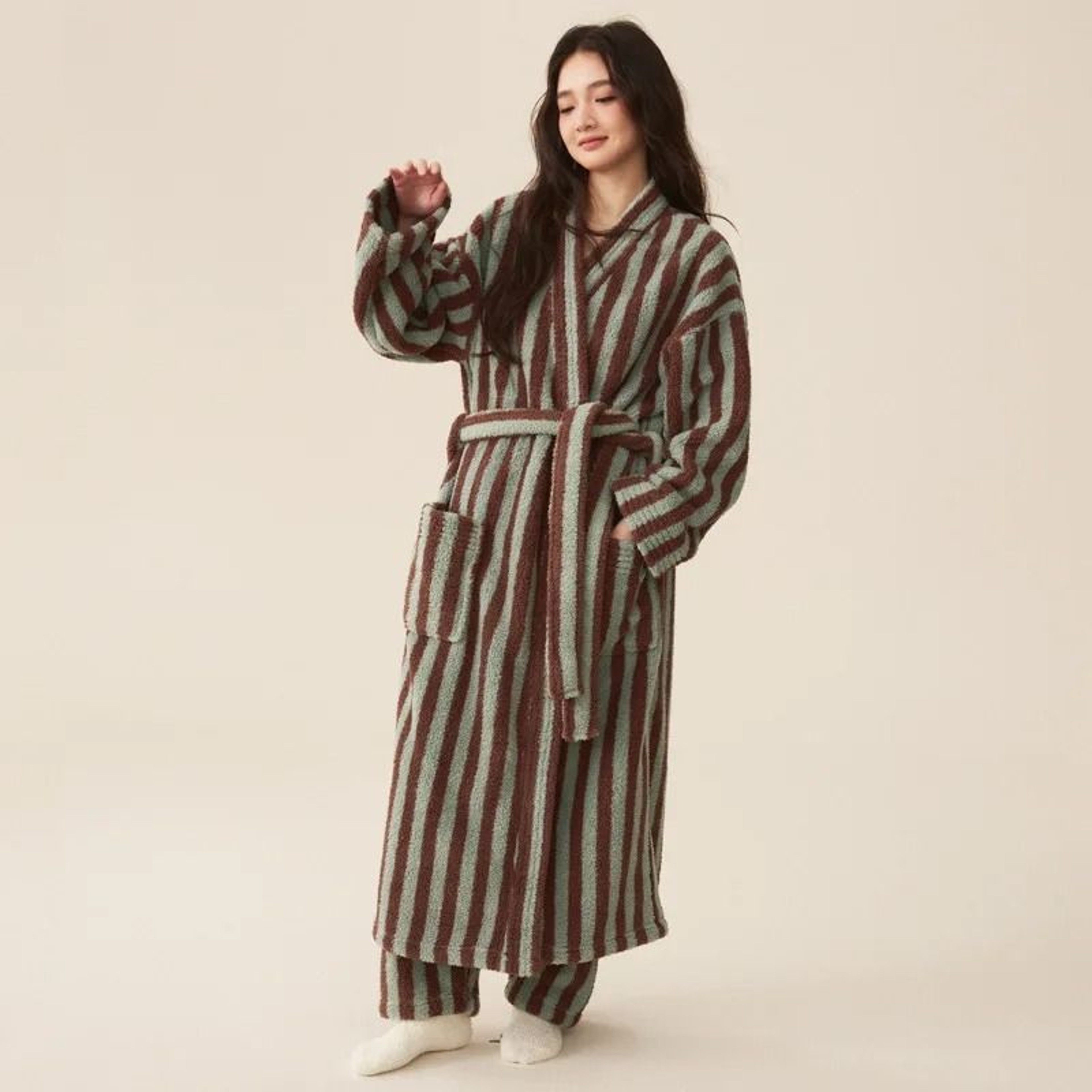 Thickened Flannel Robe  Pants Pajamas Set  Striped Coral Velvet Couples Bathrobe  Winter Homewear 0