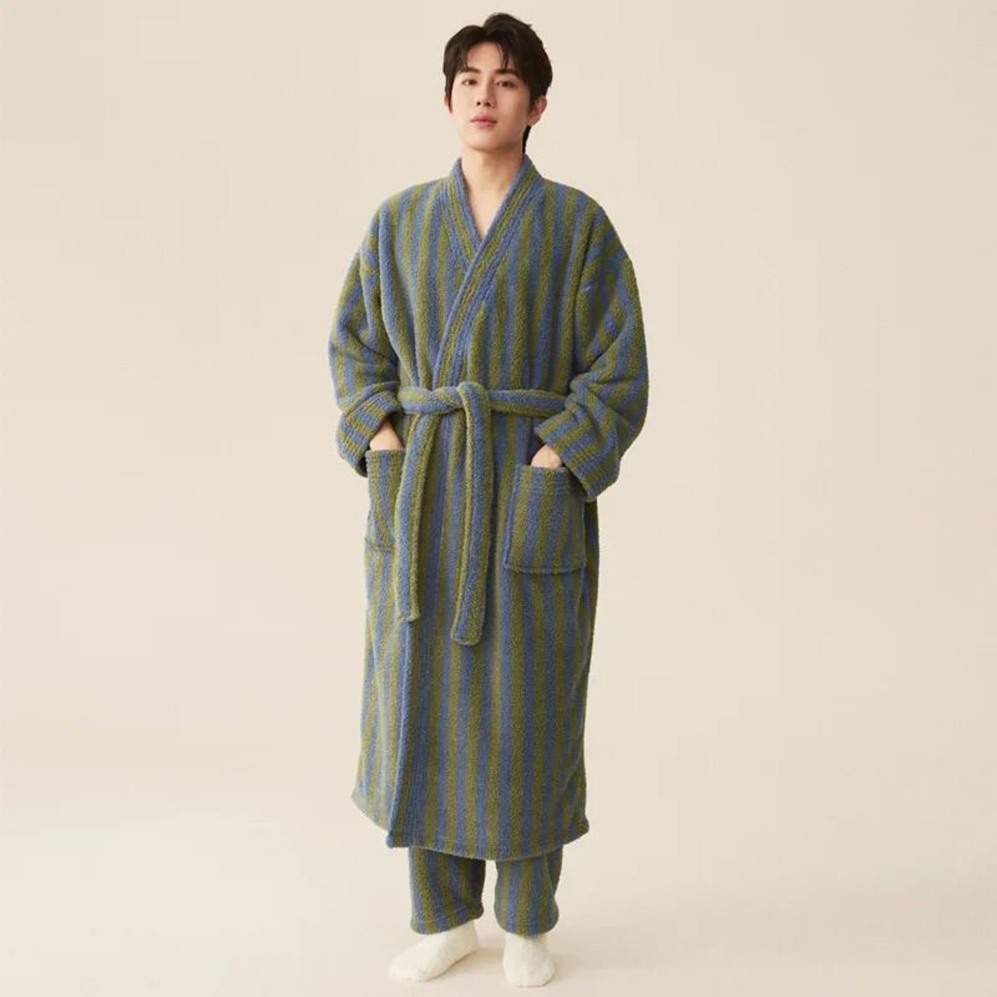 Thickened Flannel Robe  Pants Pajamas Set  Striped Coral Velvet Couples Bathrobe  Winter Homewear 4