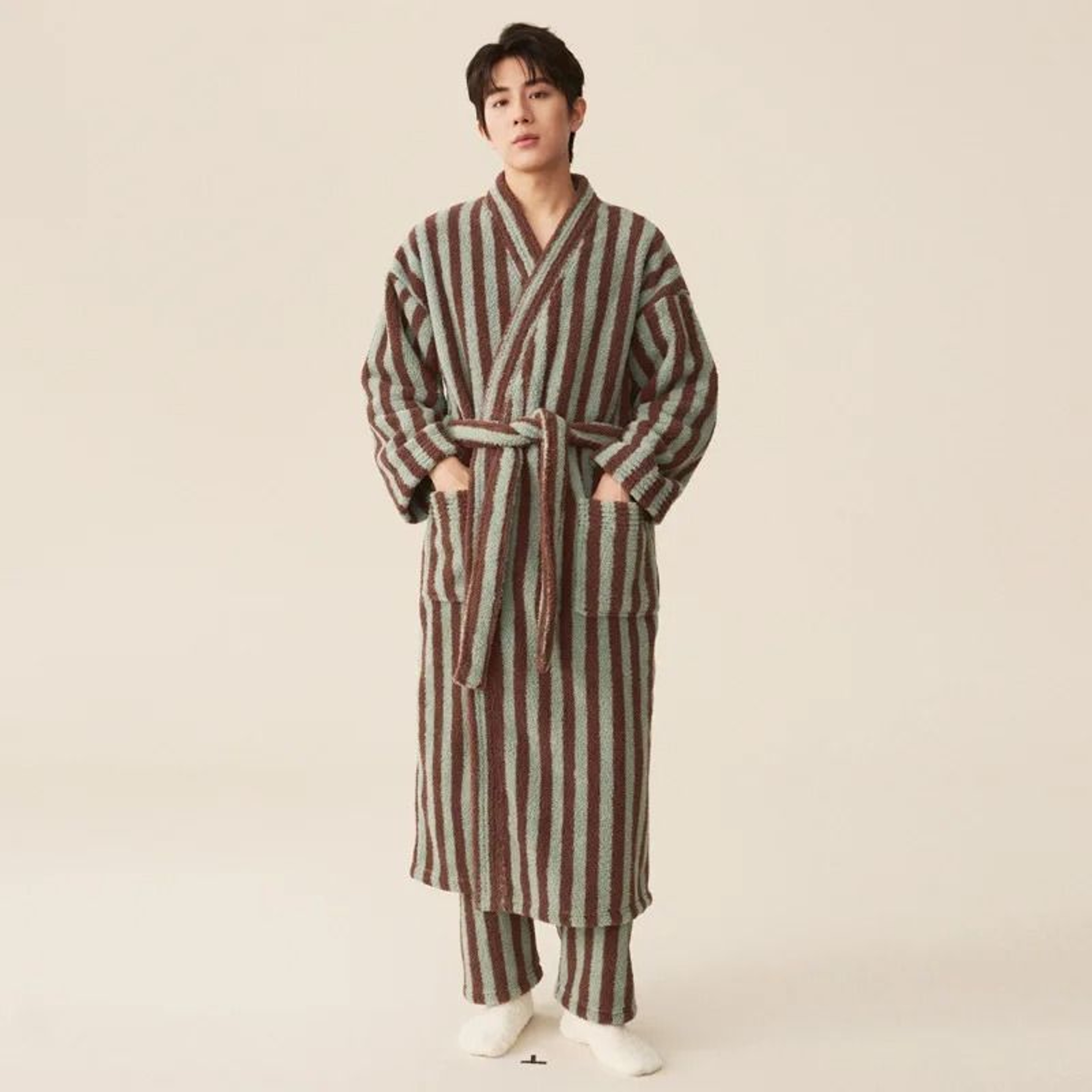 Thickened Flannel Robe  Pants Pajamas Set  Striped Coral Velvet Couples Bathrobe  Winter Homewear 11
