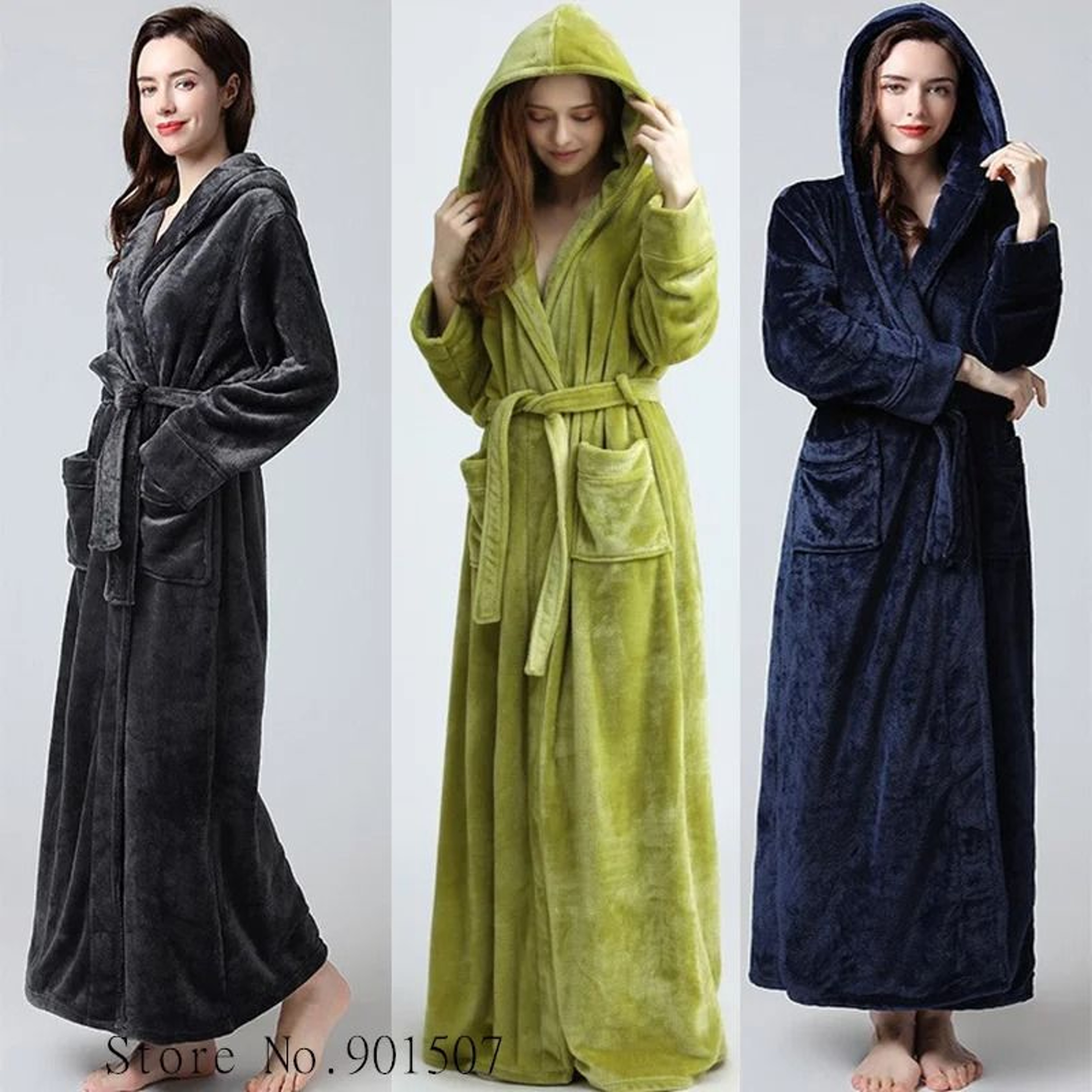 Extra Long Winter Coral Fleece Bathrobe  Hooded Warm Kimono  Cozy Shower Robe For Women 0