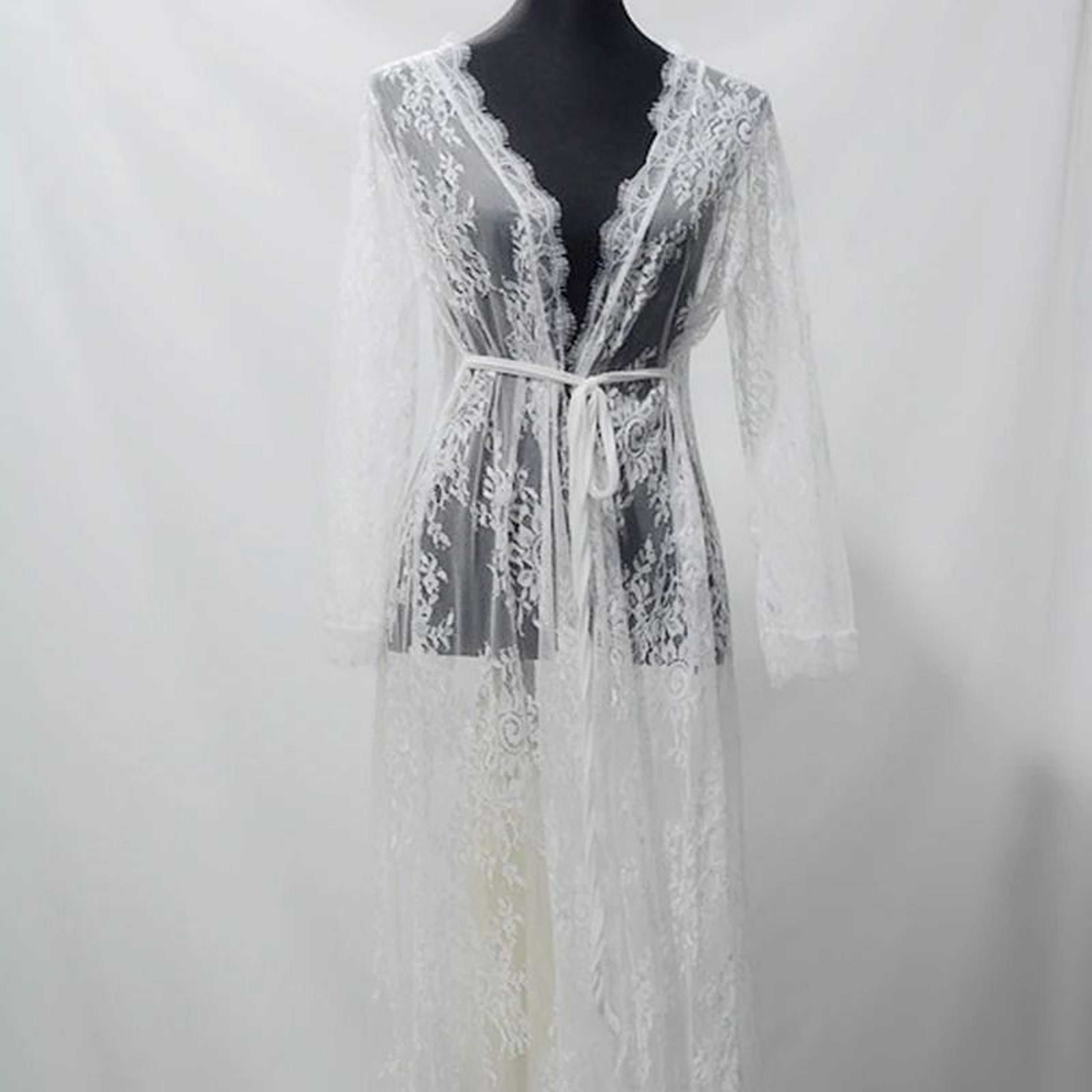 Womens Long Lace Sheer Nightgown  White Bridesmaid Robe  Sensual Kimono Bride Lingerie 4