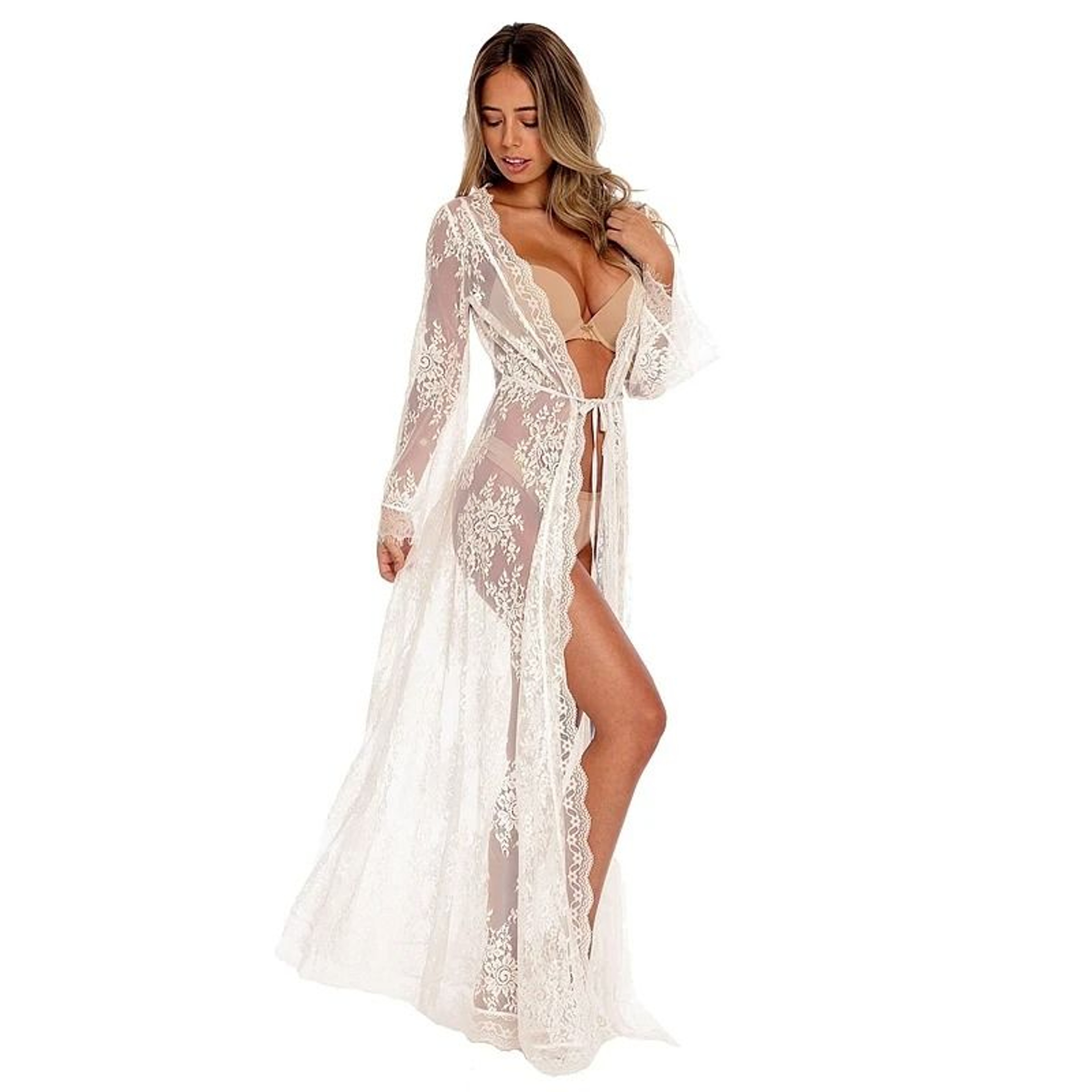 Womens Long Lace Sheer Nightgown  White Bridesmaid Robe  Sensual Kimono Bride Lingerie 6