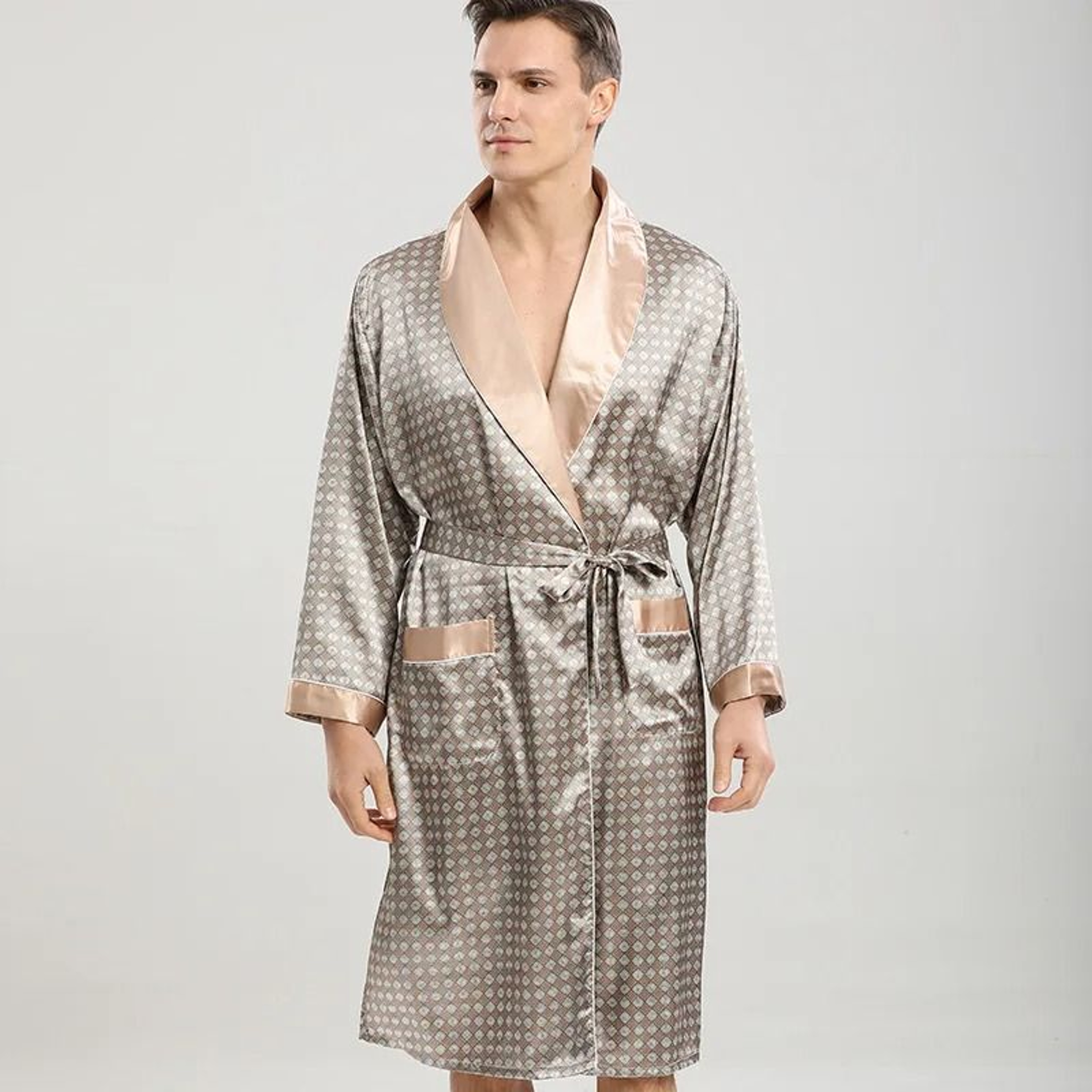 Plus Size Mens Navy Blue Stripe Kimono  Summer Satin Bathrobe  Luxury Home Lounge Wear 9