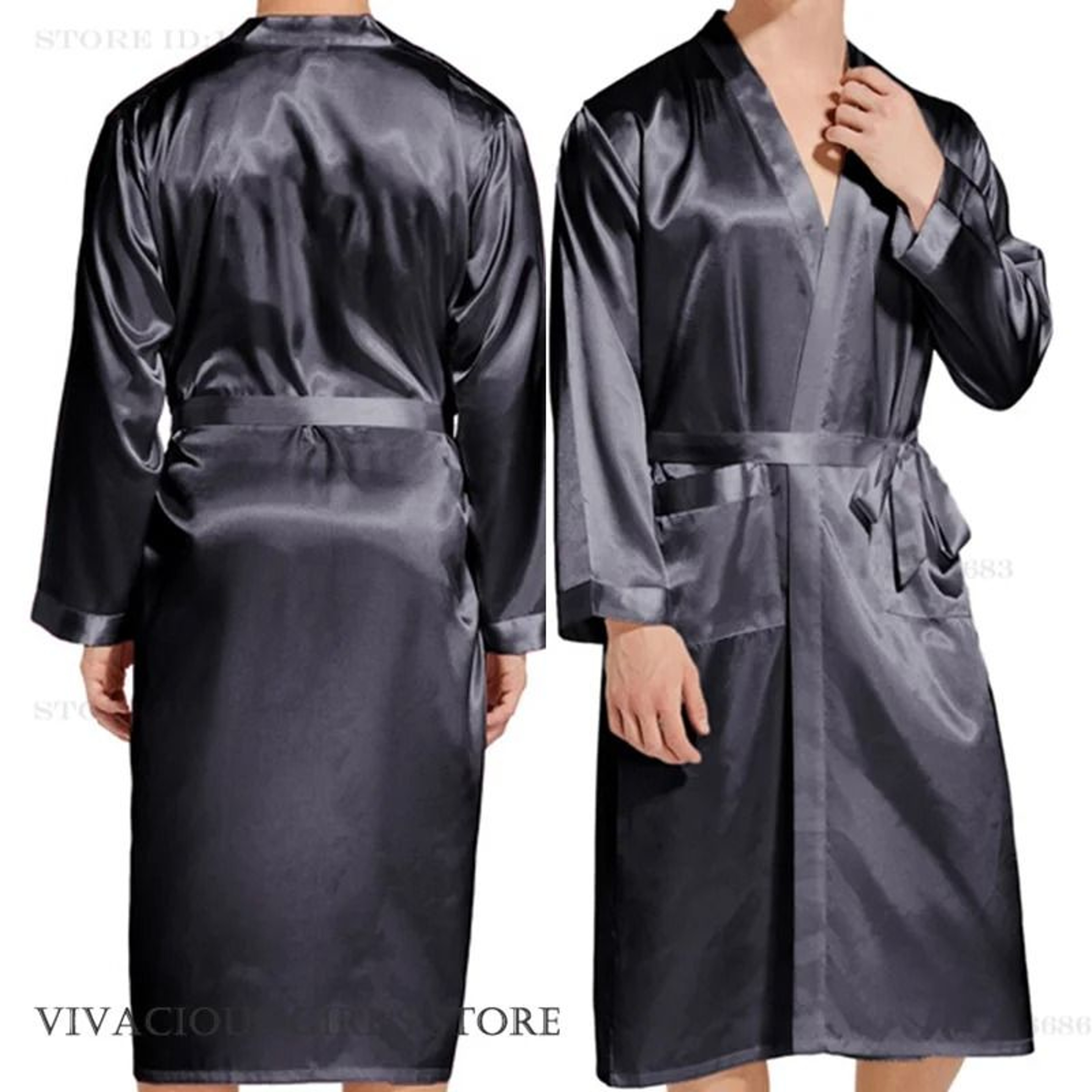 Premium Mens Silk Satin Bathrobe  Professional Navy Blue Wedding Kimono  Sleepwear Gown 2