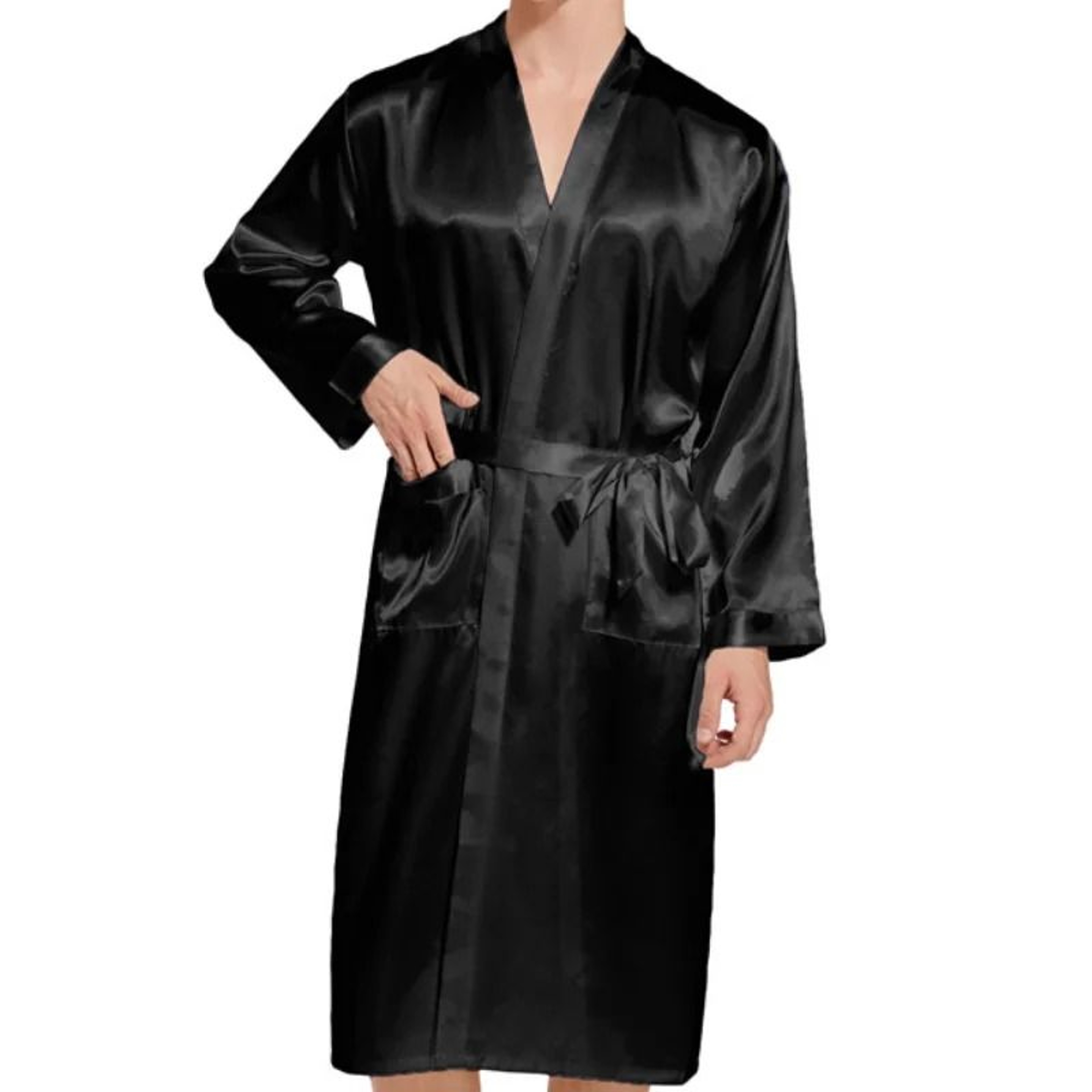 Premium Mens Silk Satin Bathrobe  Professional Navy Blue Wedding Kimono  Sleepwear Gown 4