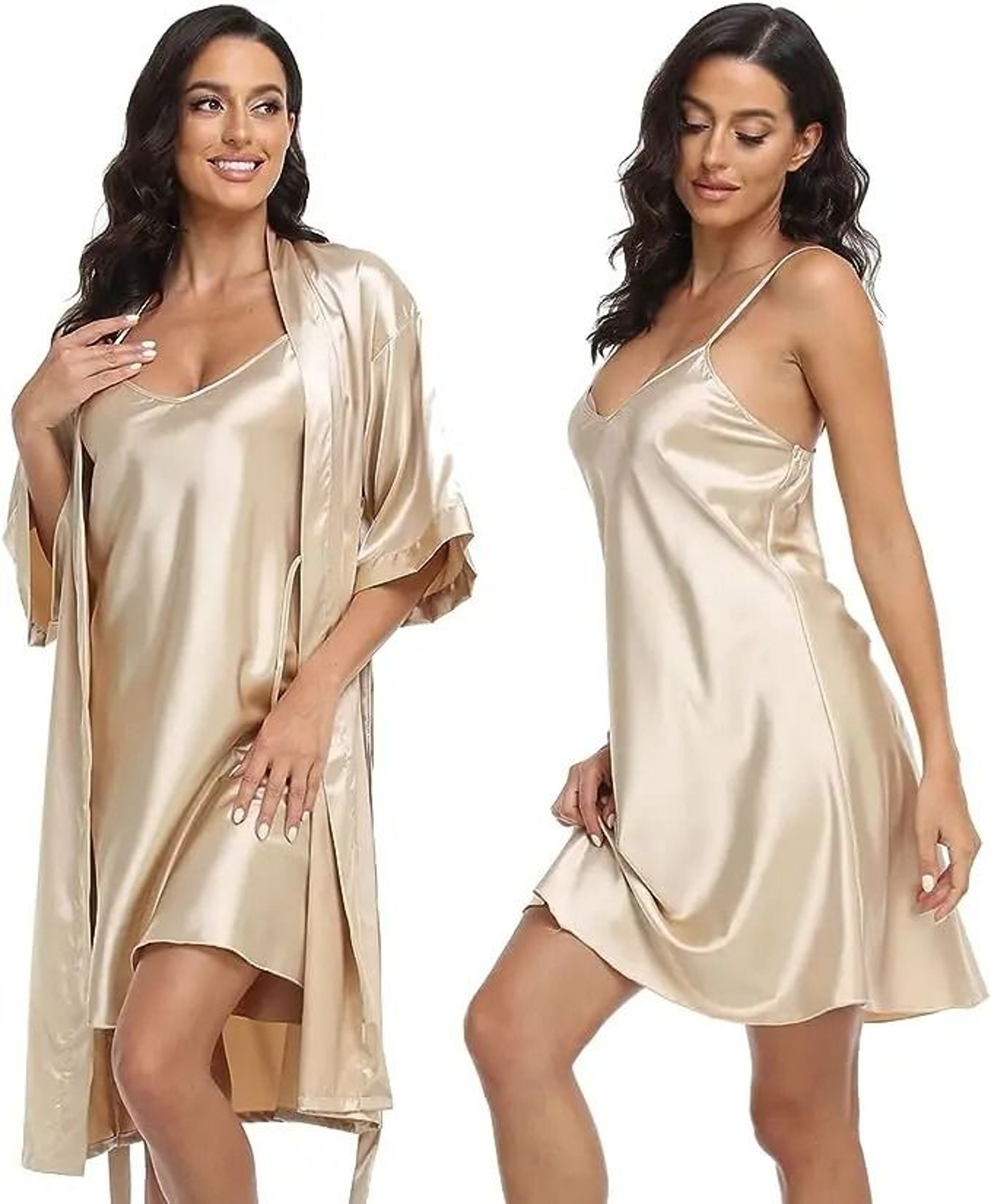 Silk Satin 2Piece Pajama Set  Professional Sexy Silky Pj Robe With Chemise Nightgown 2