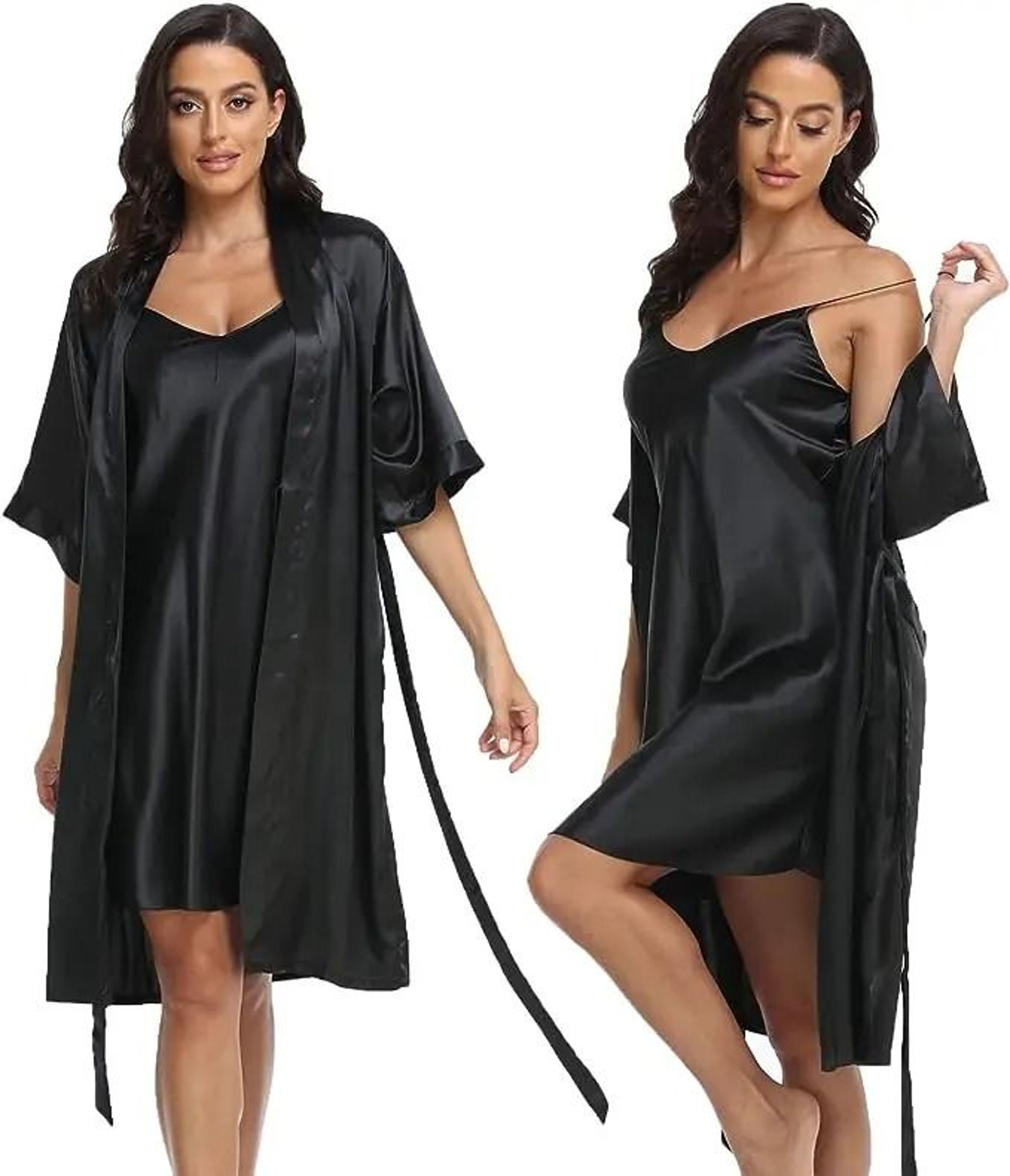 Silk Satin 2Piece Pajama Set  Professional Sexy Silky Pj Robe With Chemise Nightgown 4