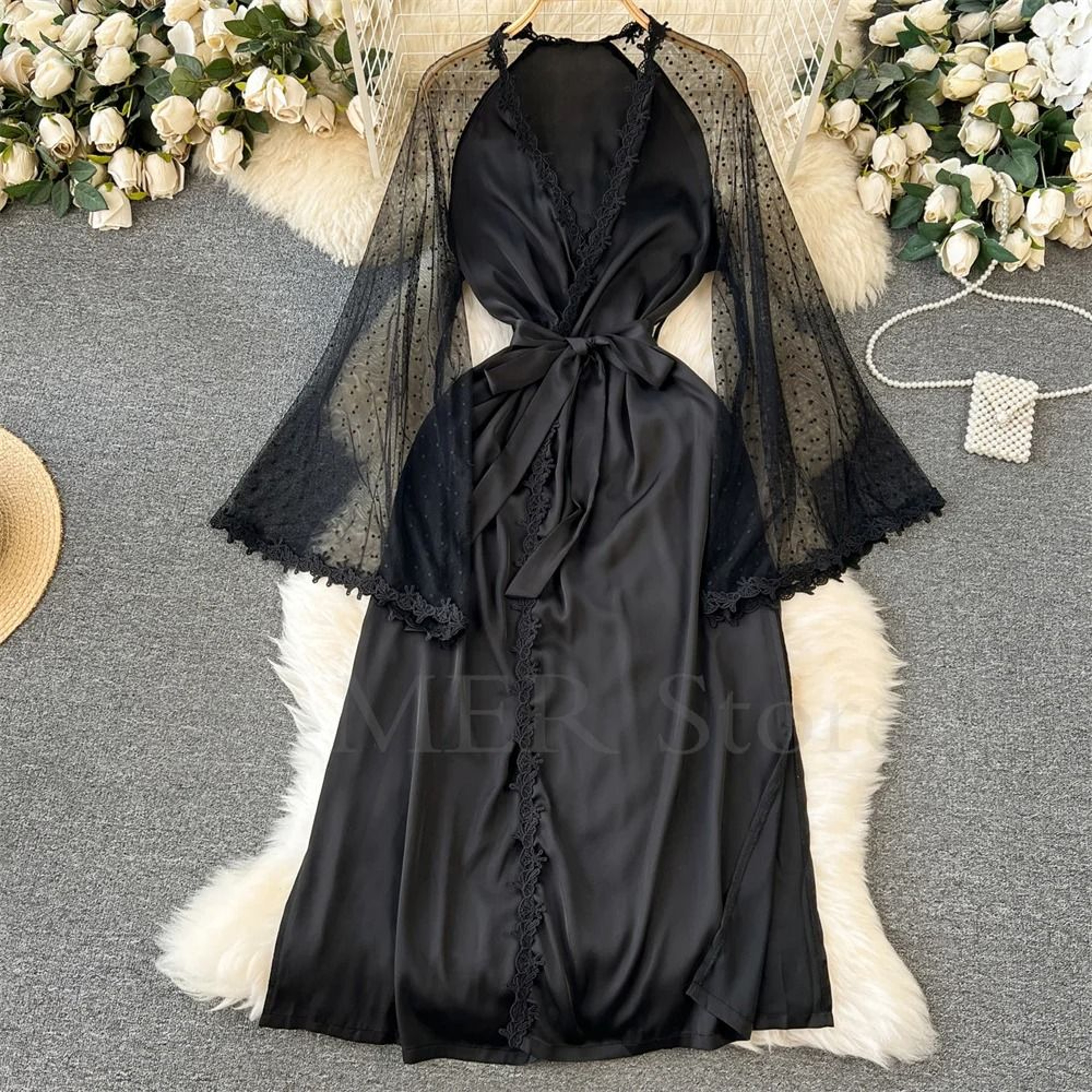 Sexy Embroidered Edge Kimono Robe  Professional Silk Satin Long Gown With Mesh Sleeves 9