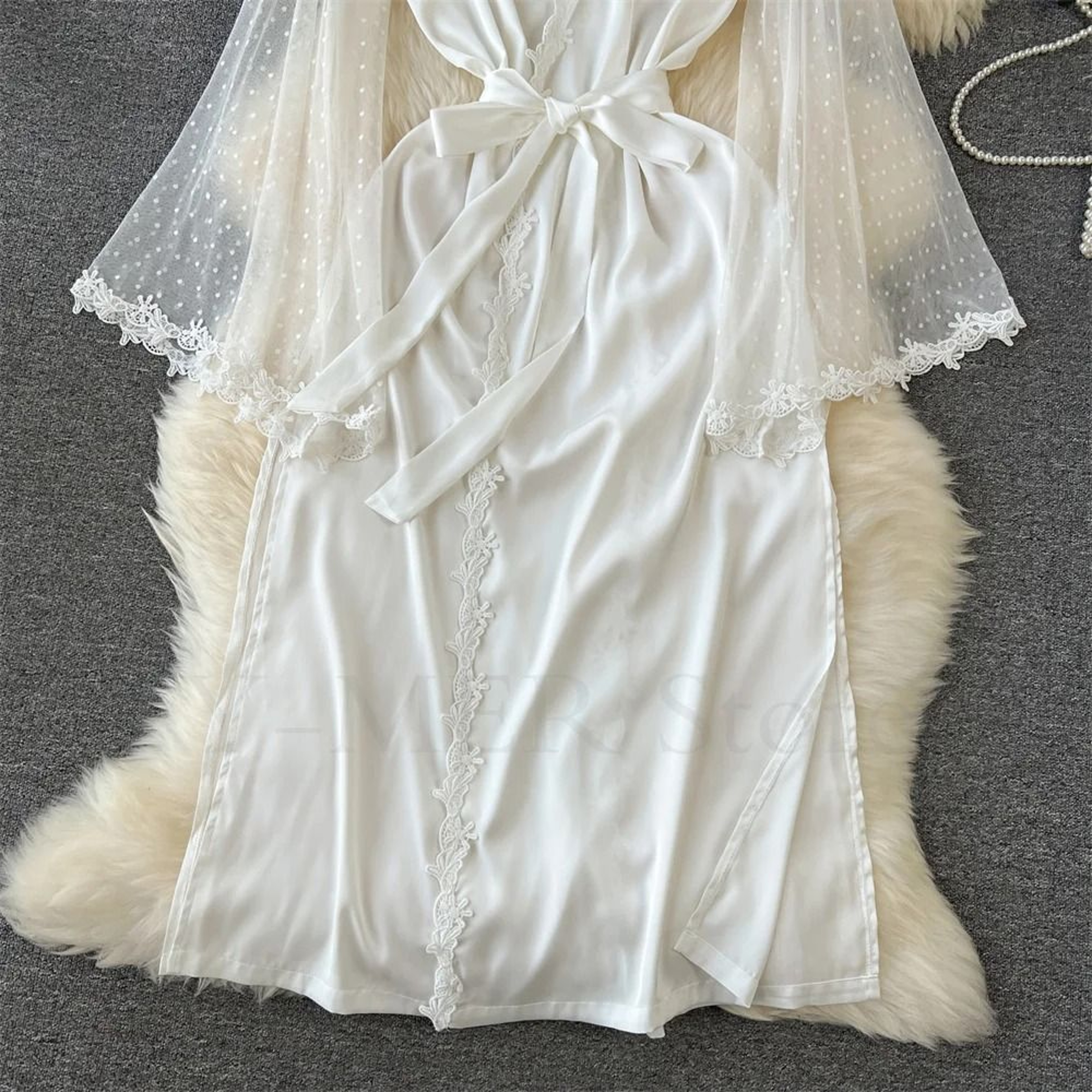 Sexy Embroidered Edge Kimono Robe  Professional Silk Satin Long Gown With Mesh Sleeves 5