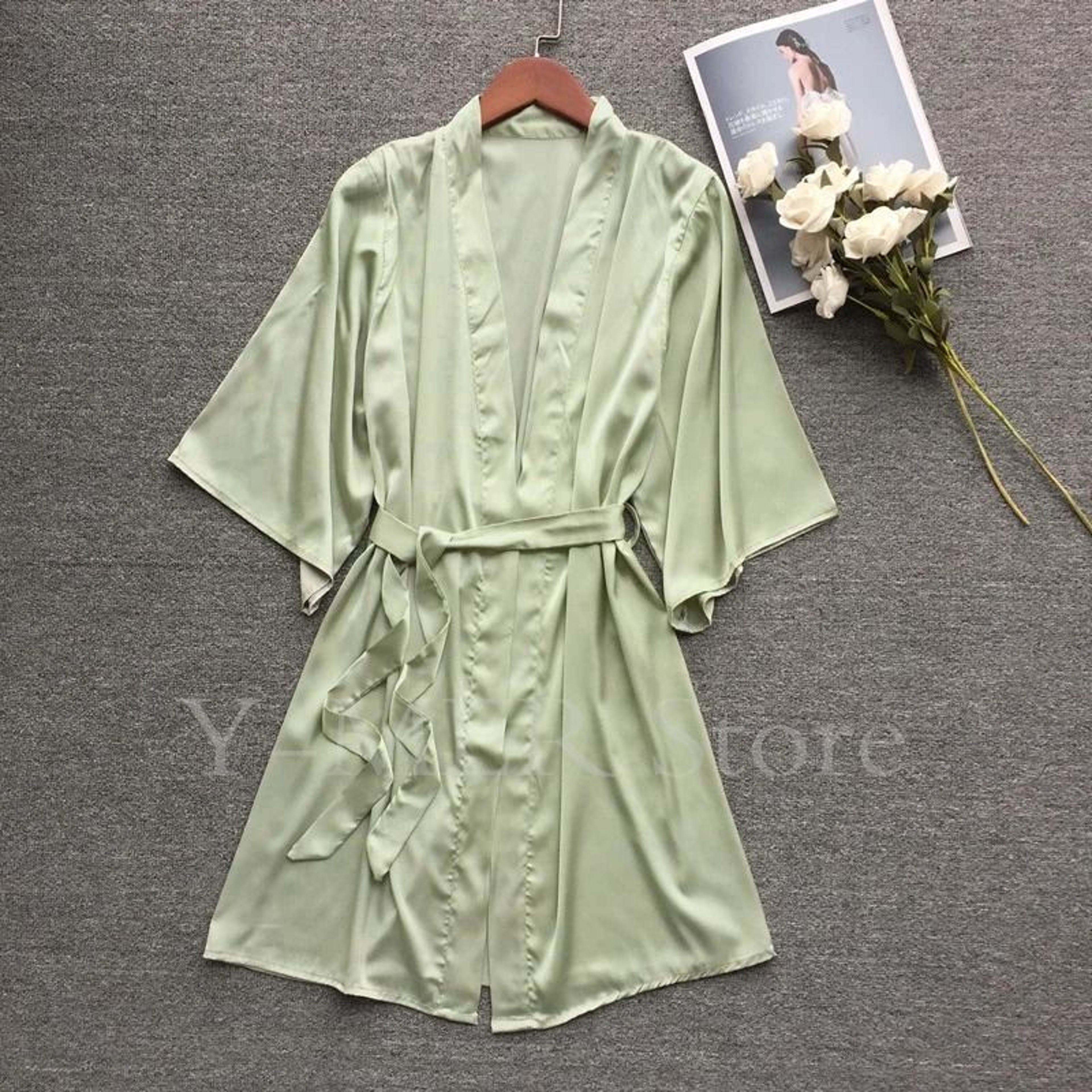 Sexy Embroidered Edge Kimono Robe  Professional Silk Satin Long Gown With Mesh Sleeves 6