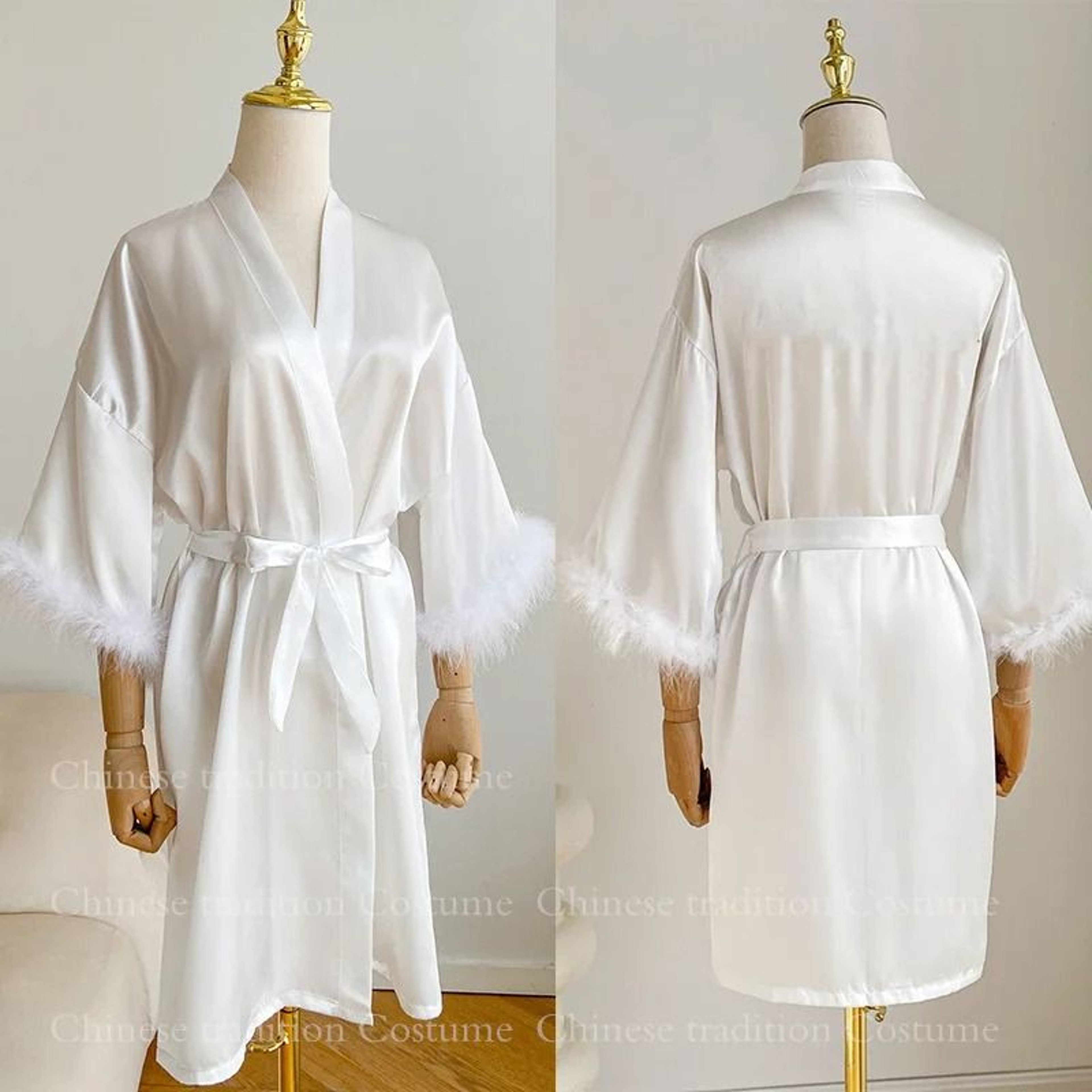 Luxurious White Bridal Feather Robe  Professional Satin Wedding Kimono  Sexy Bridesmaid Peignoir 2