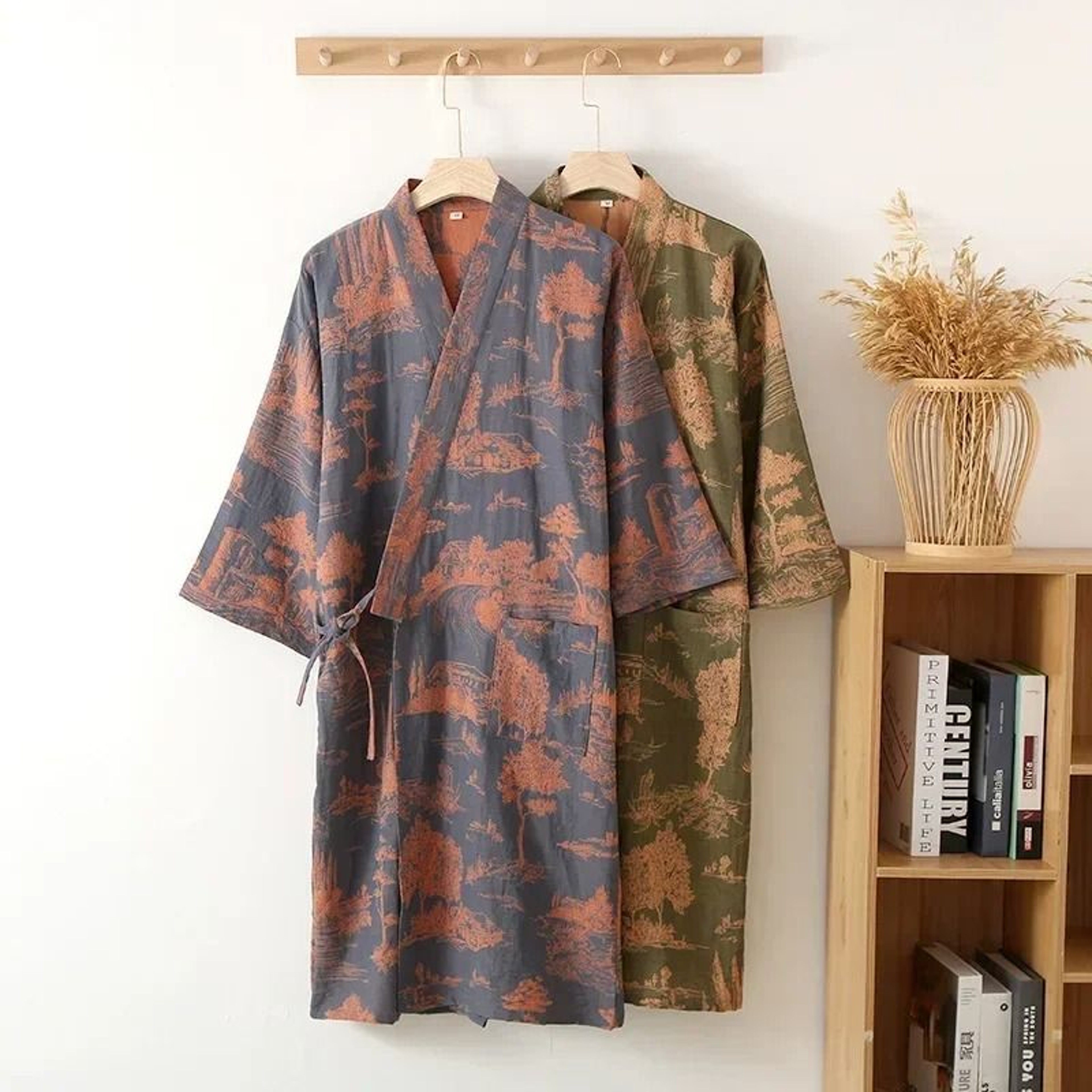 Premium Cotton Printed Kimono Robe For Men  Professional Long Style BlueGreen Bathrobe 1