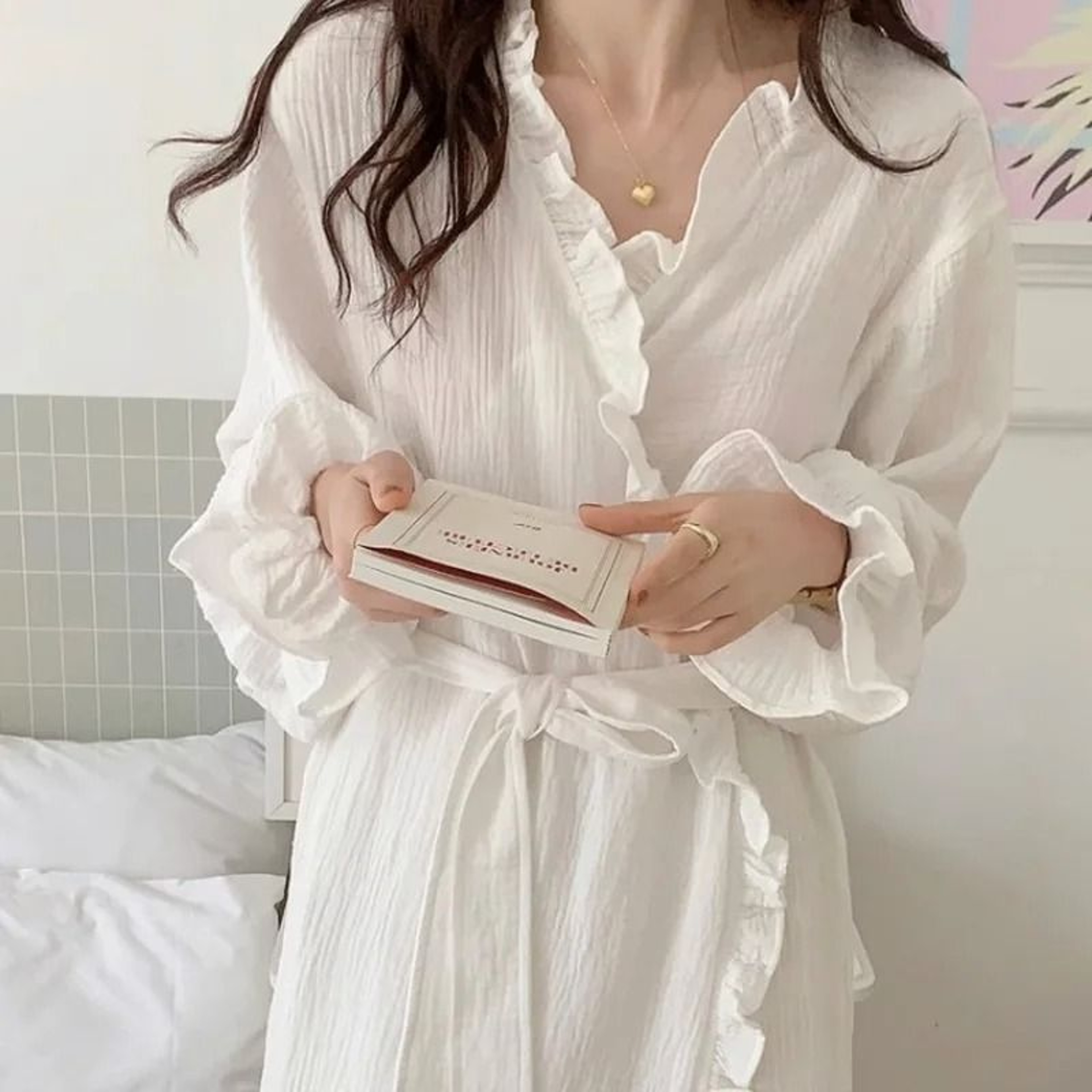 Womens Simple LongSleeved Ruffled Robe  Professional Sweet InsStyle Solid Color Home Wear 4