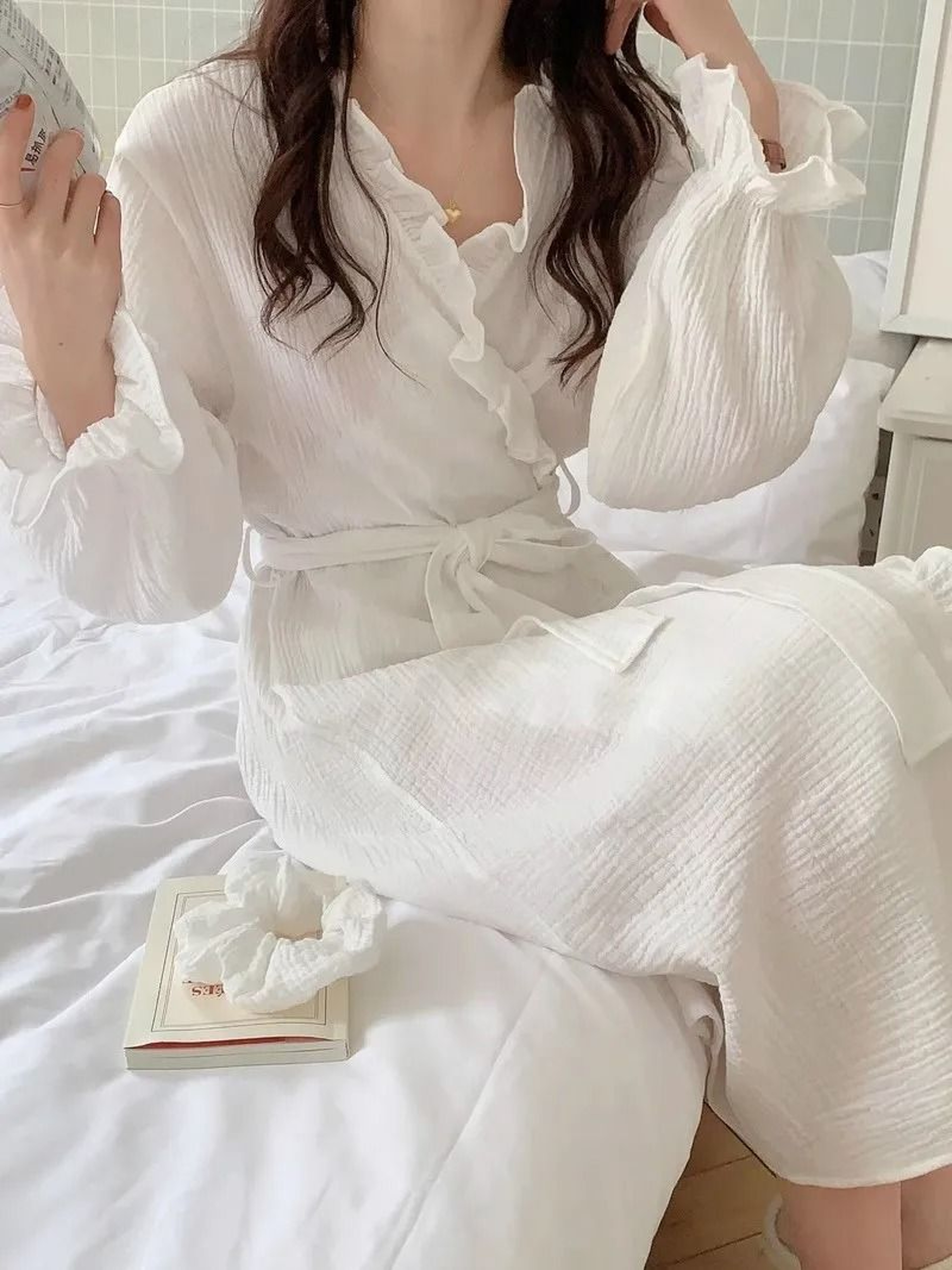 Womens Simple LongSleeved Ruffled Robe  Professional Sweet InsStyle Solid Color Home Wear 6