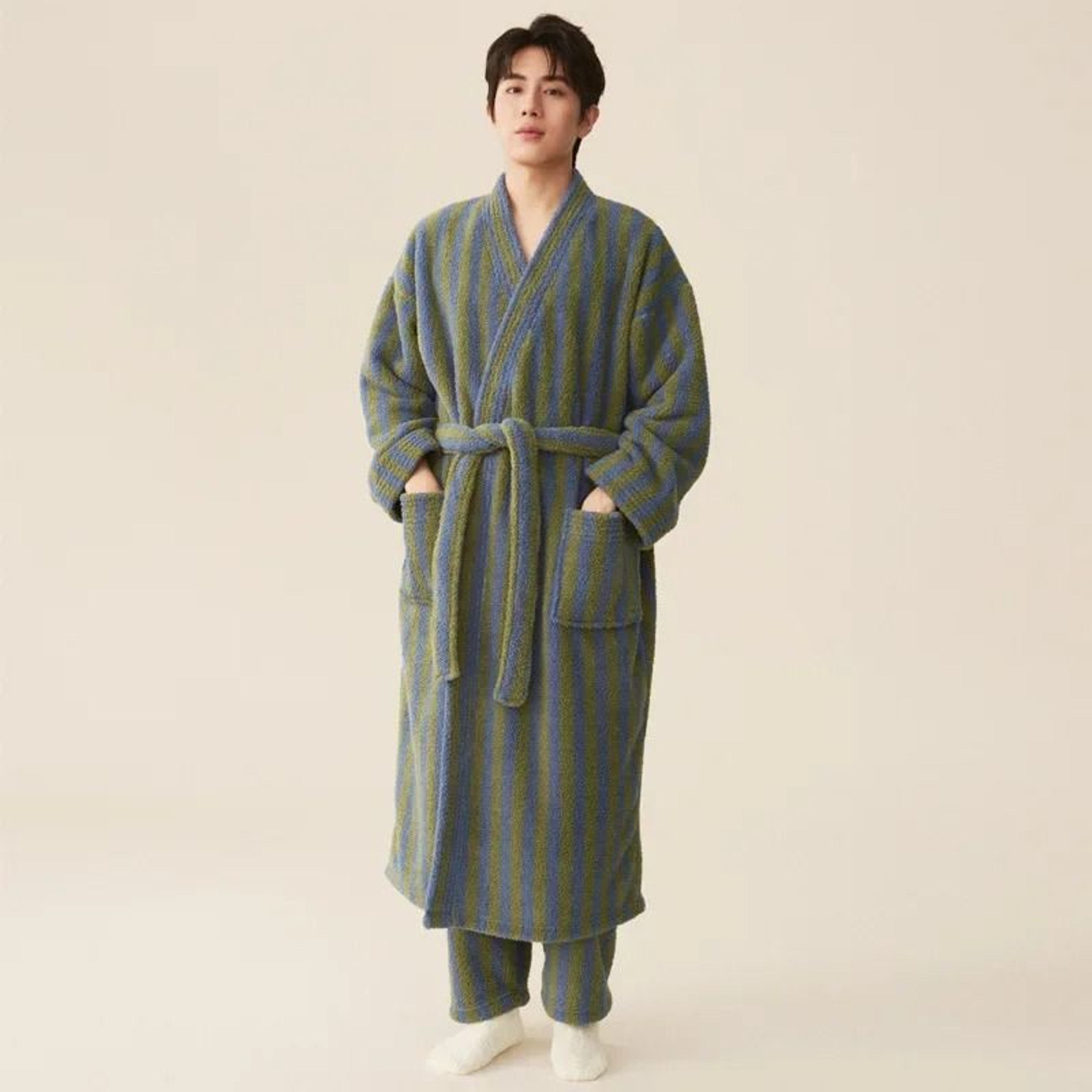 Thickened Flannel Robe  Pants Pajamas Set  Professional AutumnWinter Striped Couples Home Clothes 10