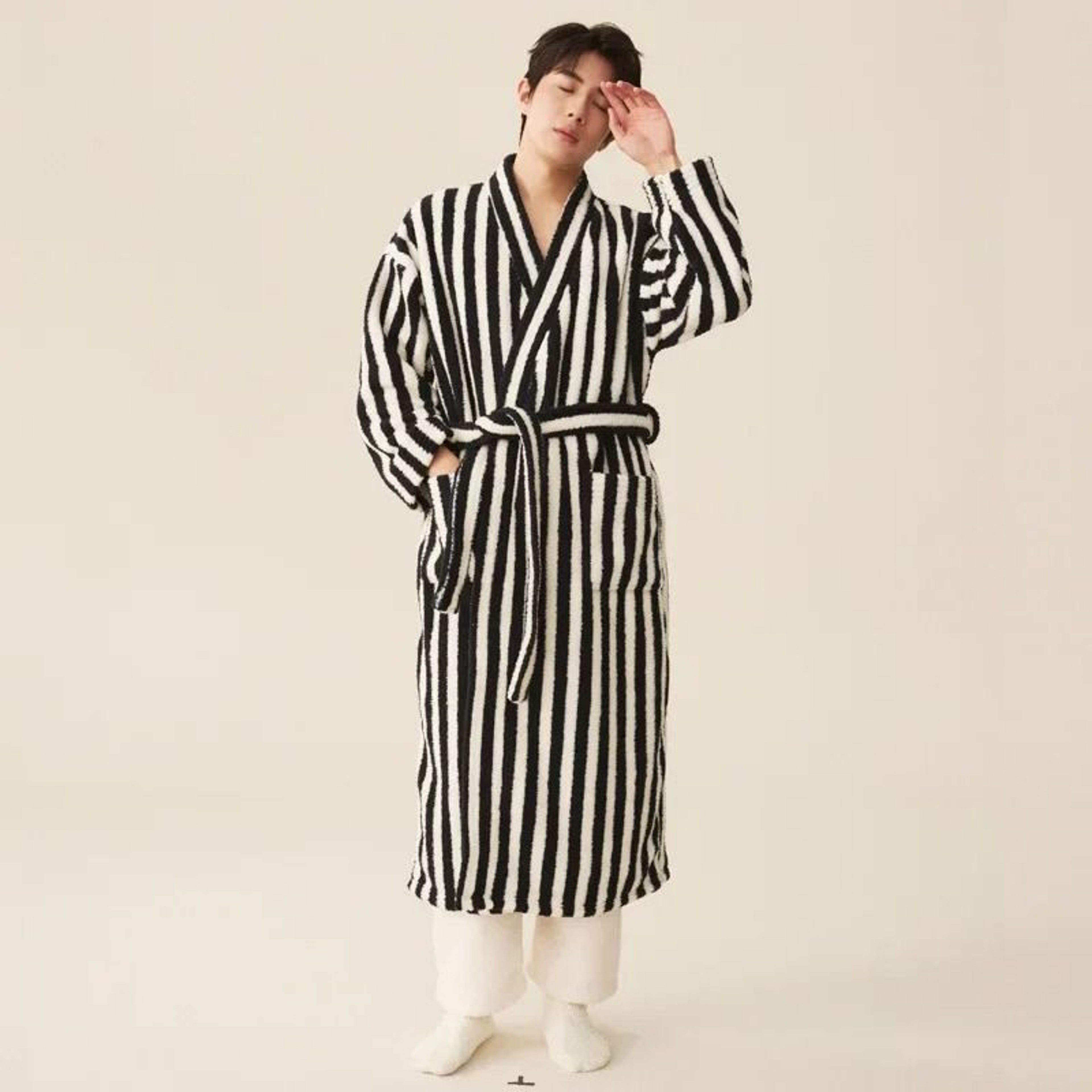 Thickened Flannel Robe  Pants Pajamas Set  Professional AutumnWinter Striped Couples Home Clothes 13
