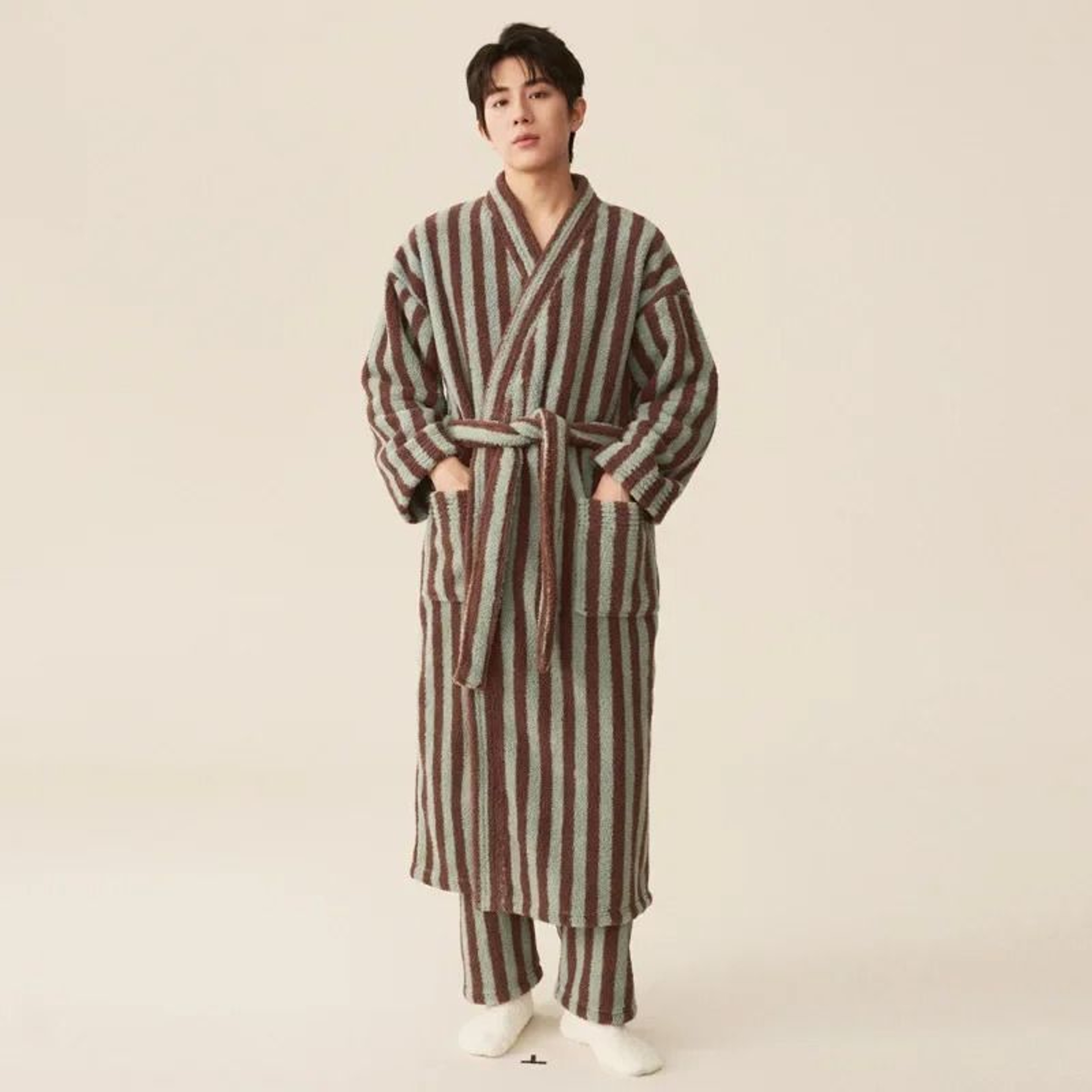 Thickened Flannel Robe  Pants Pajamas Set  Professional AutumnWinter Striped Couples Home Clothes 19