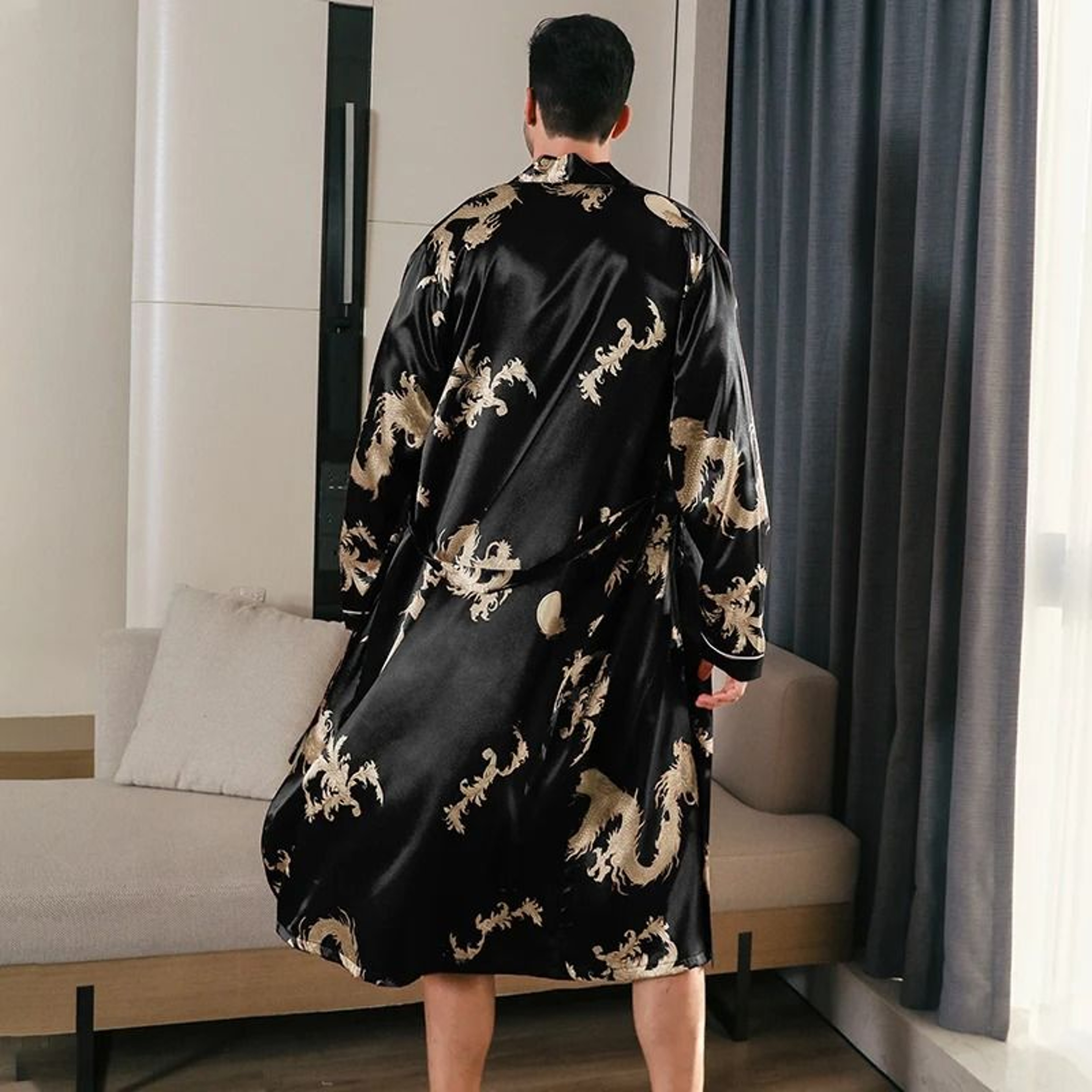 Mens Ice Silk Oversized Bathrobe  Professional LongSleeved SpringAutumn Nightgown  Summer Home Clot 1