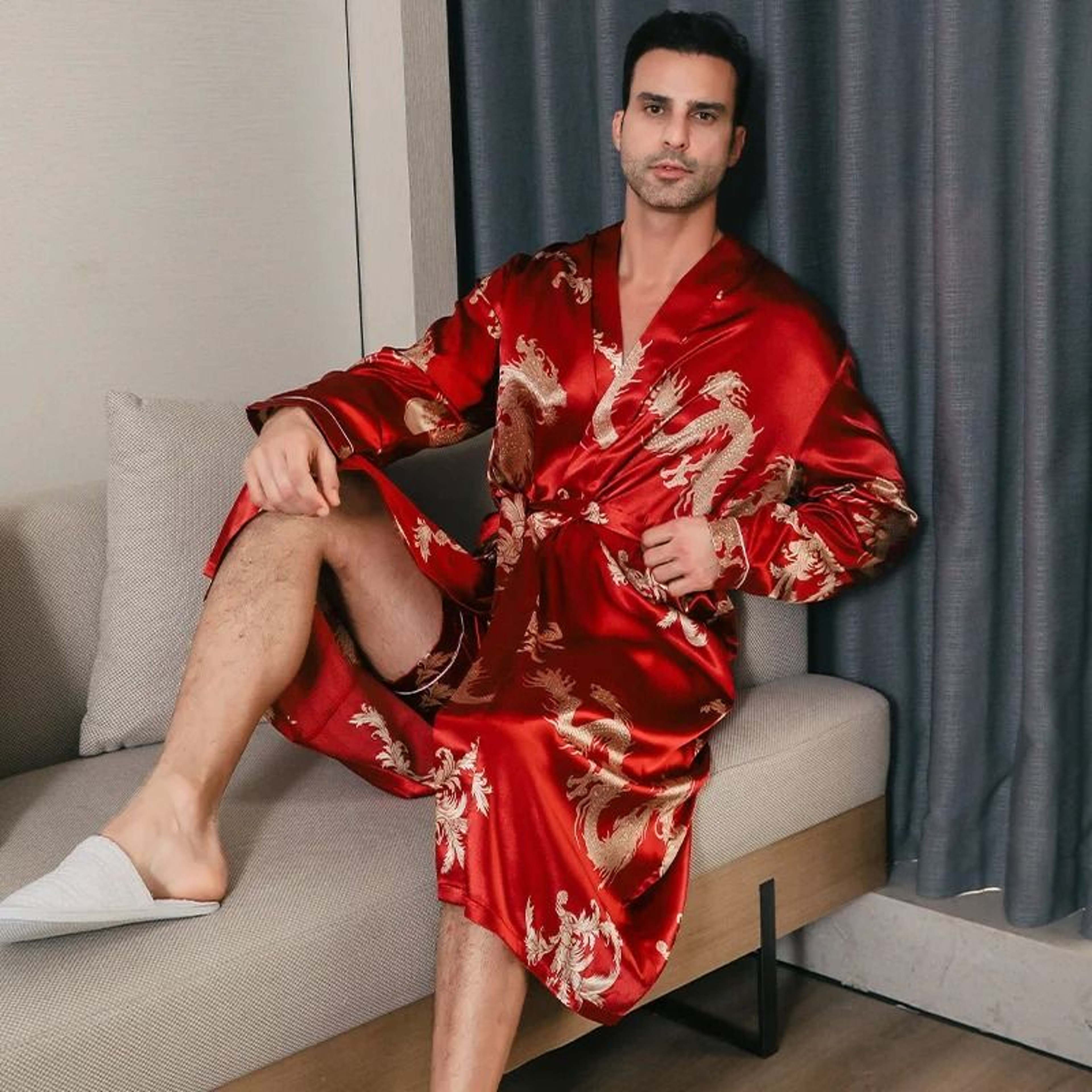 Mens Ice Silk Oversized Bathrobe  Professional LongSleeved SpringAutumn Nightgown  Summer Home Clot 6