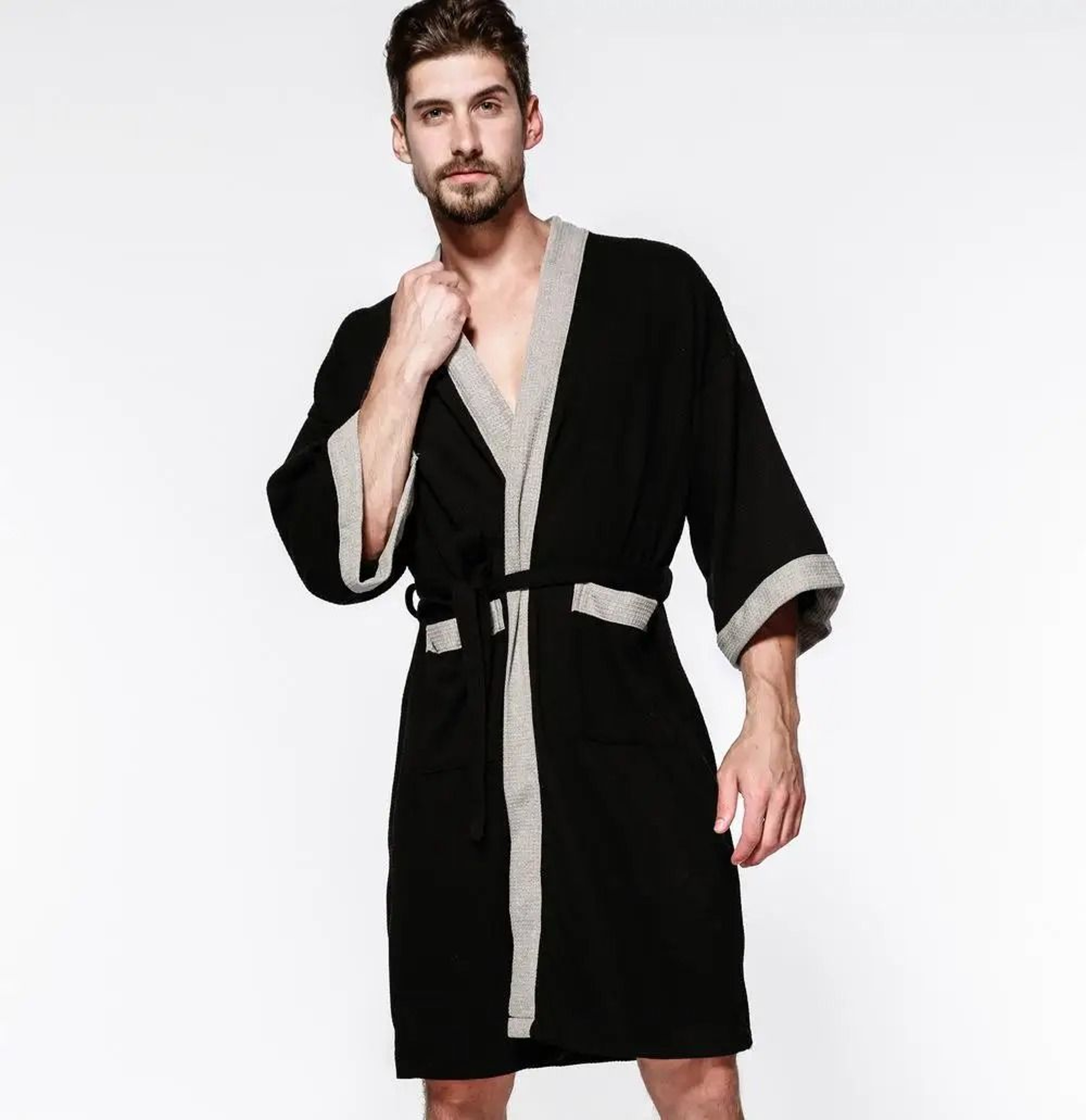 Mens  Womens Cotton Waffle Kimono Robe  Professional Couples Sauna Yukata  Casual Home Wear 1