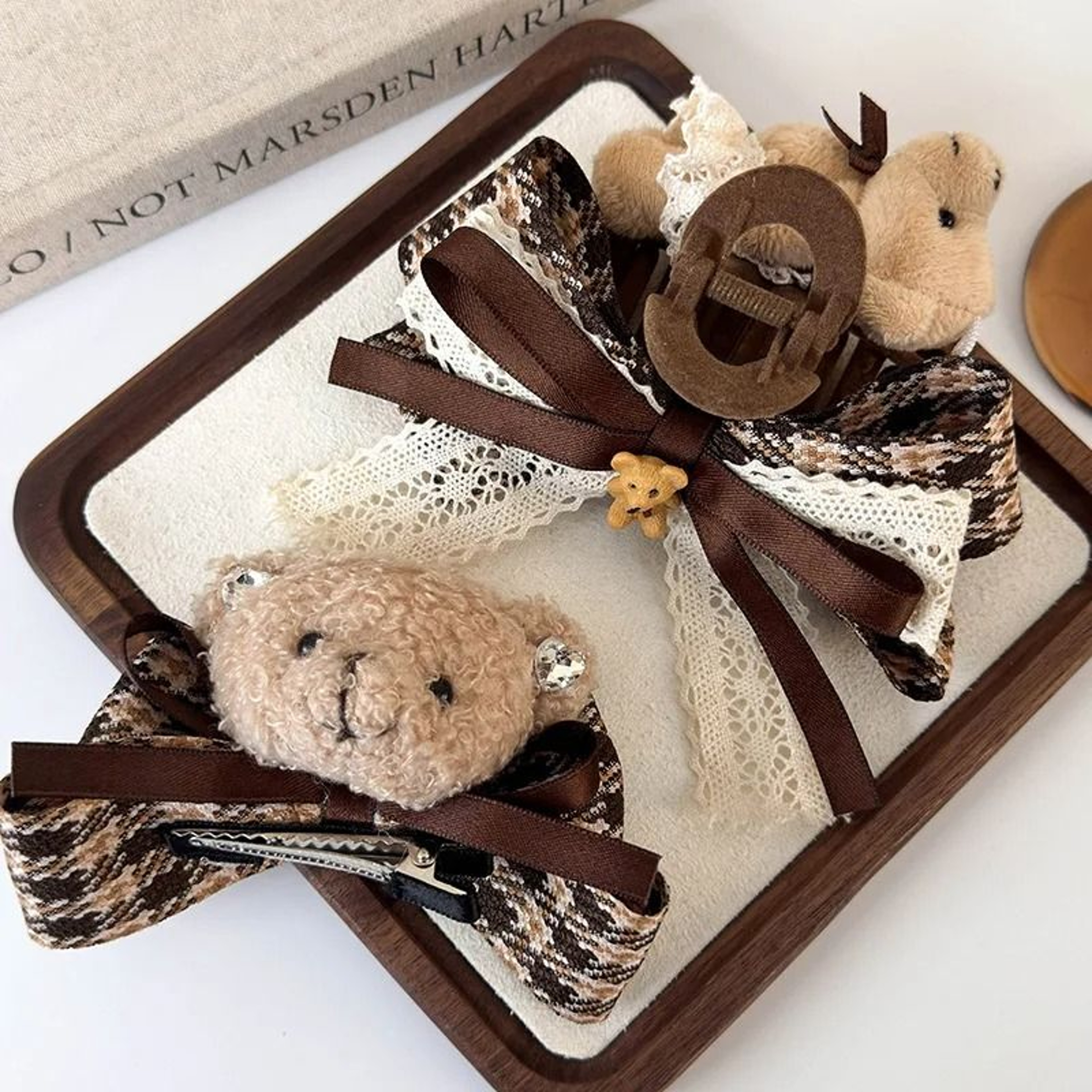 Teddy Bear Checkered Bow Hair Accessory  HighPerformance AutumnWinter Fabric Shark Clip 2