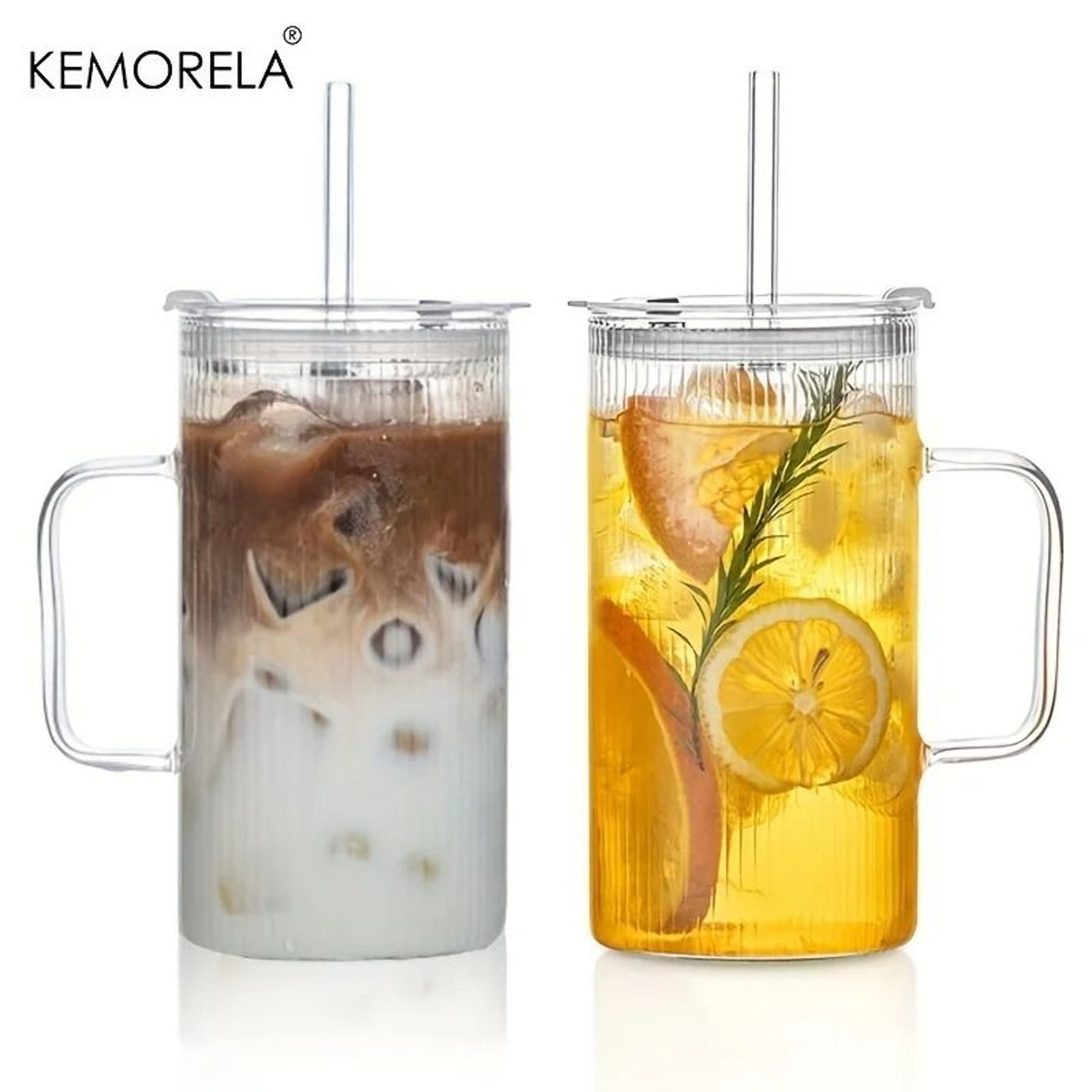 740ML Large Ribbed Glass Tumbler  HighPerformance Clear Drinking Cup With Handle  Lid Set 0