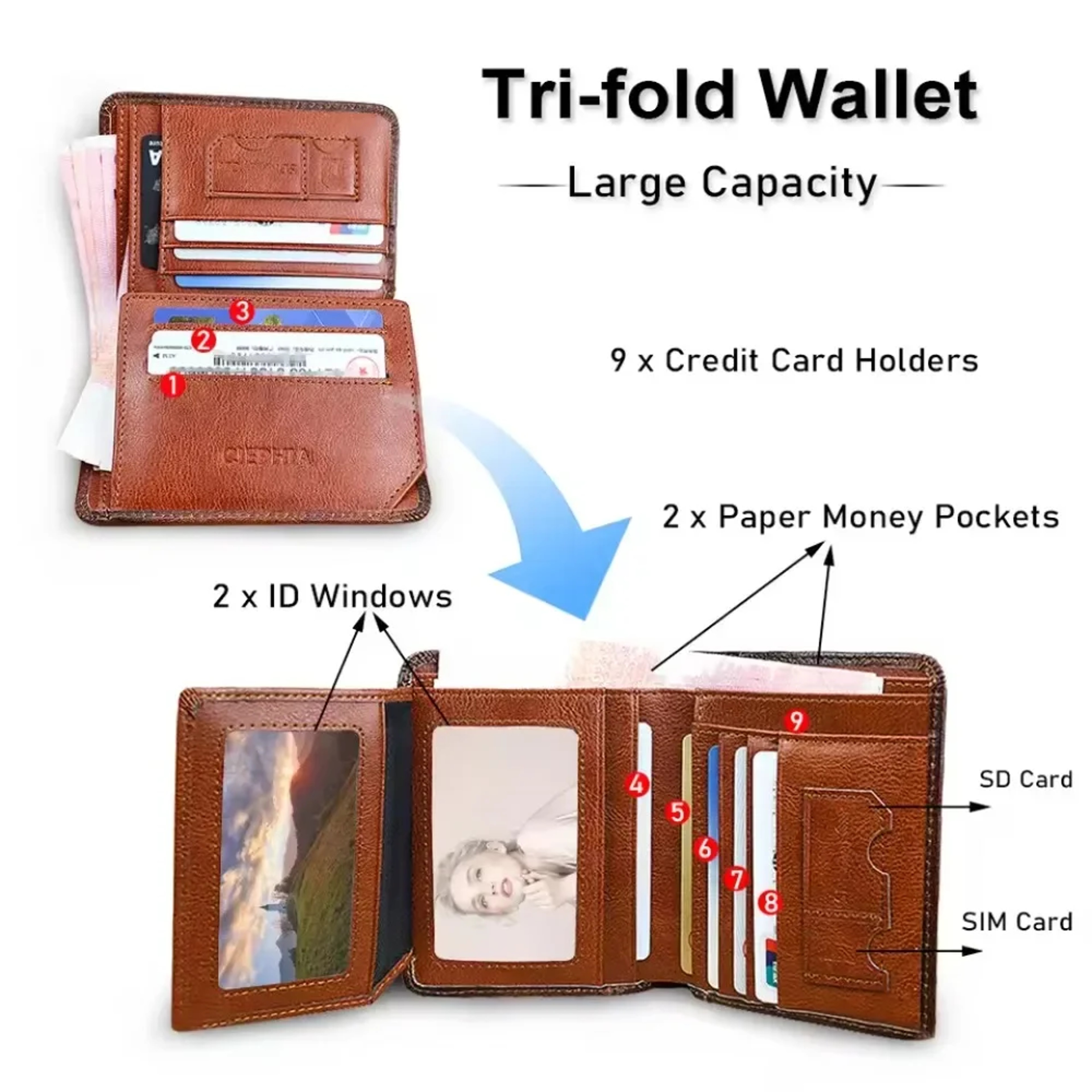 Classic Trifold Leather Wallet For Men  RFID Protection  Large Capacity 3