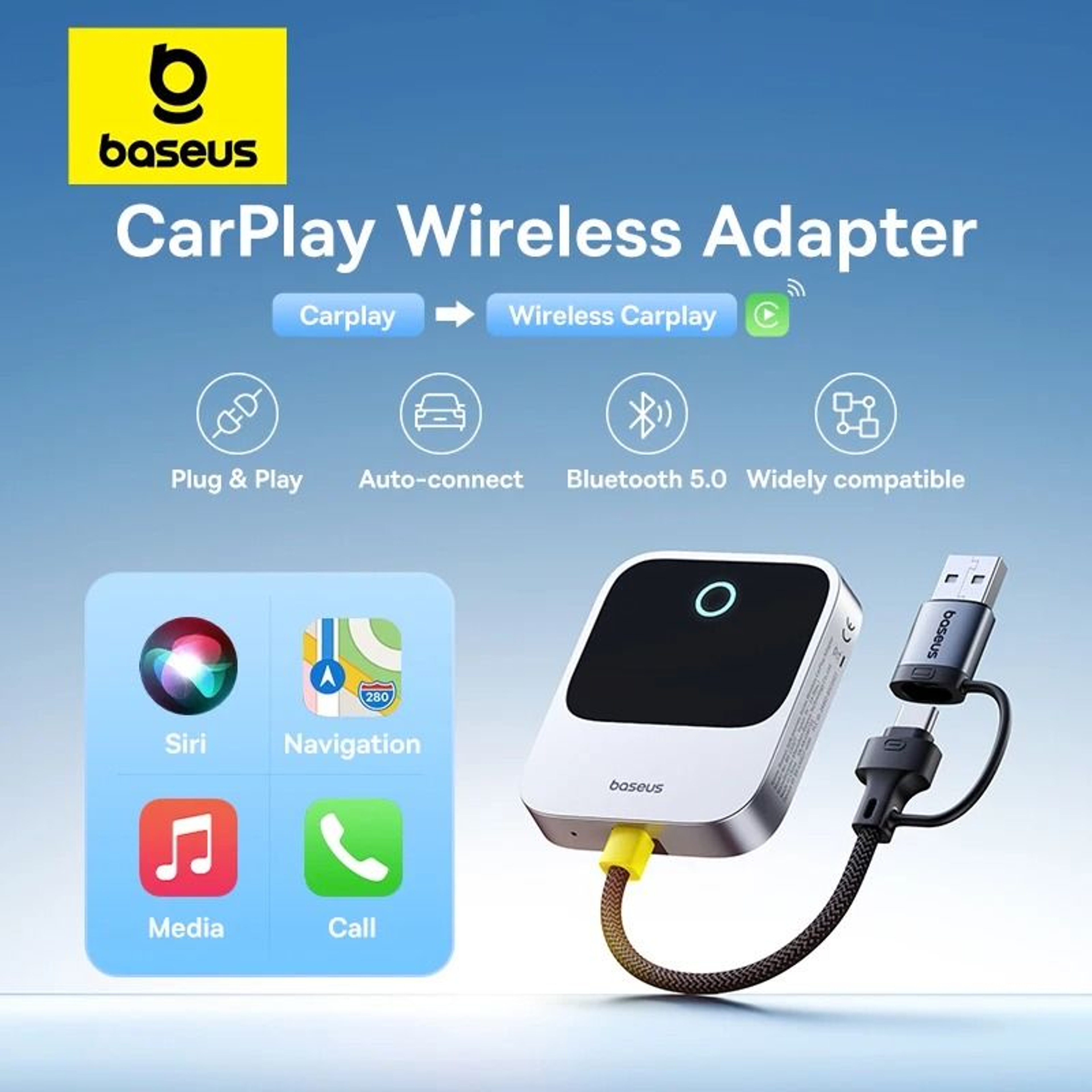 Baseus Wireless CarPlay Adapter  Wired To Wireless Plug  Play Bluetooth Smart Auto Connect System 0