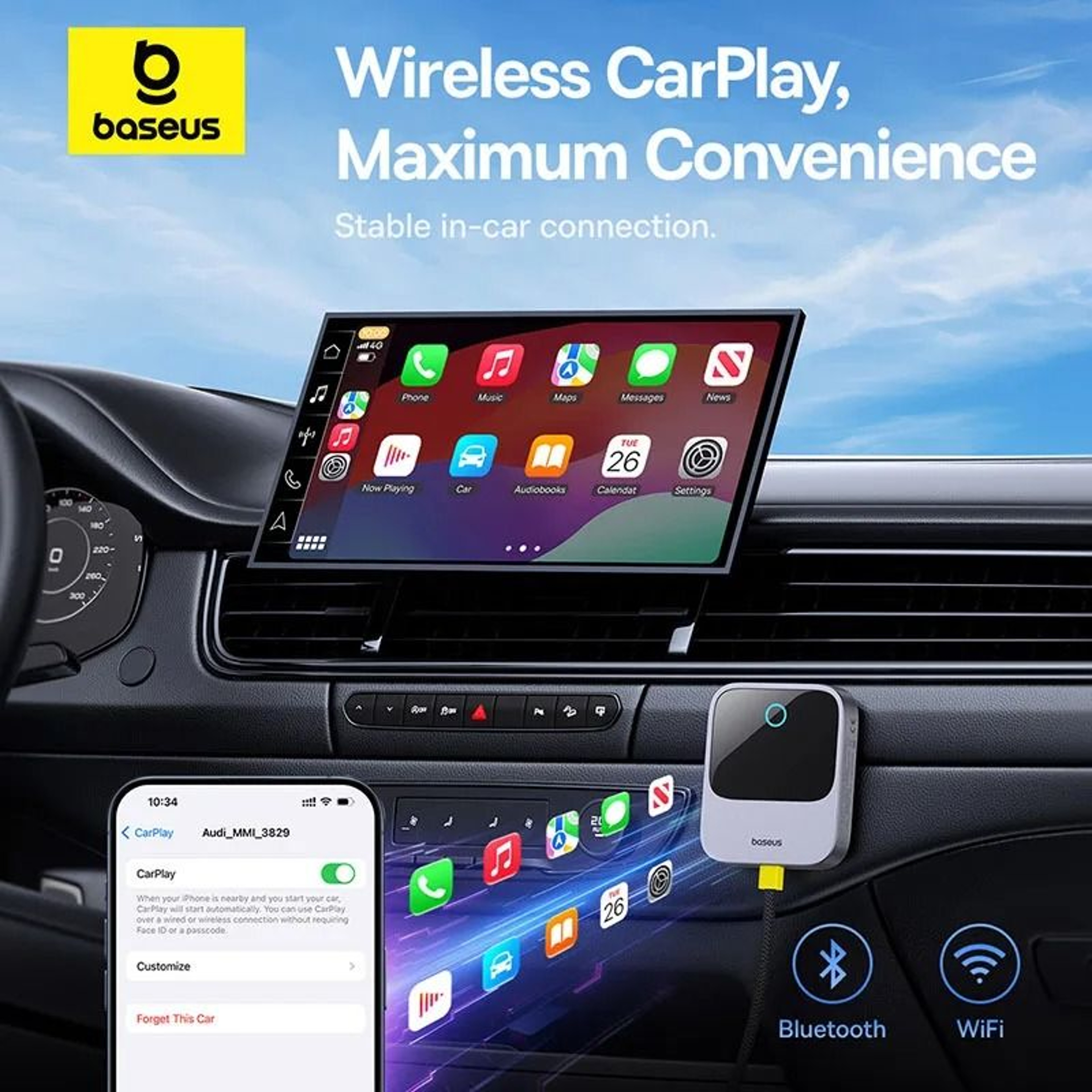 Baseus Wireless CarPlay Adapter  Wired To Wireless Plug  Play Bluetooth Smart Auto Connect System 3