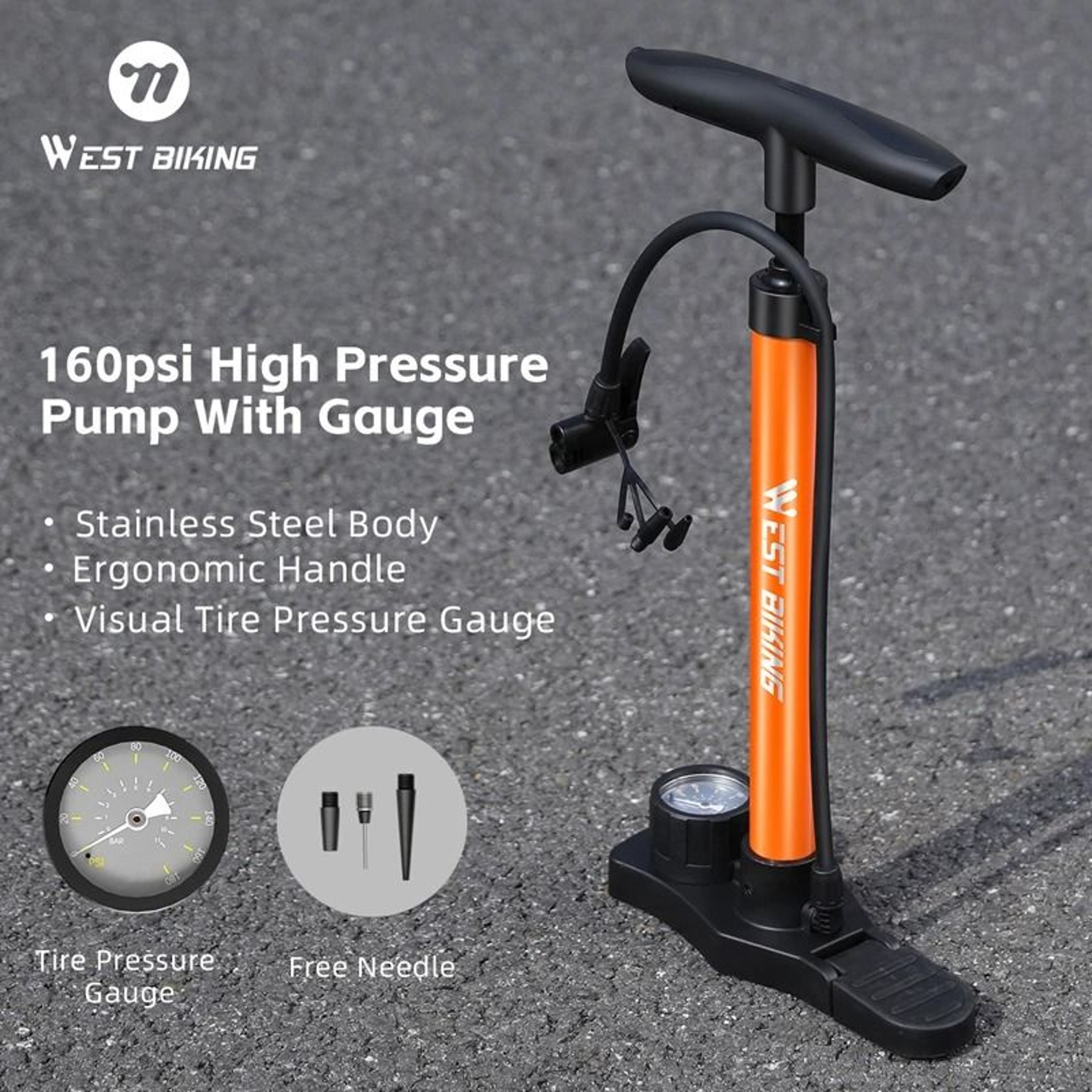 WEST BIKING HighPressure Floor Pump  160PSI Portable Stainless Steel Inflator With Precision Gauge 0