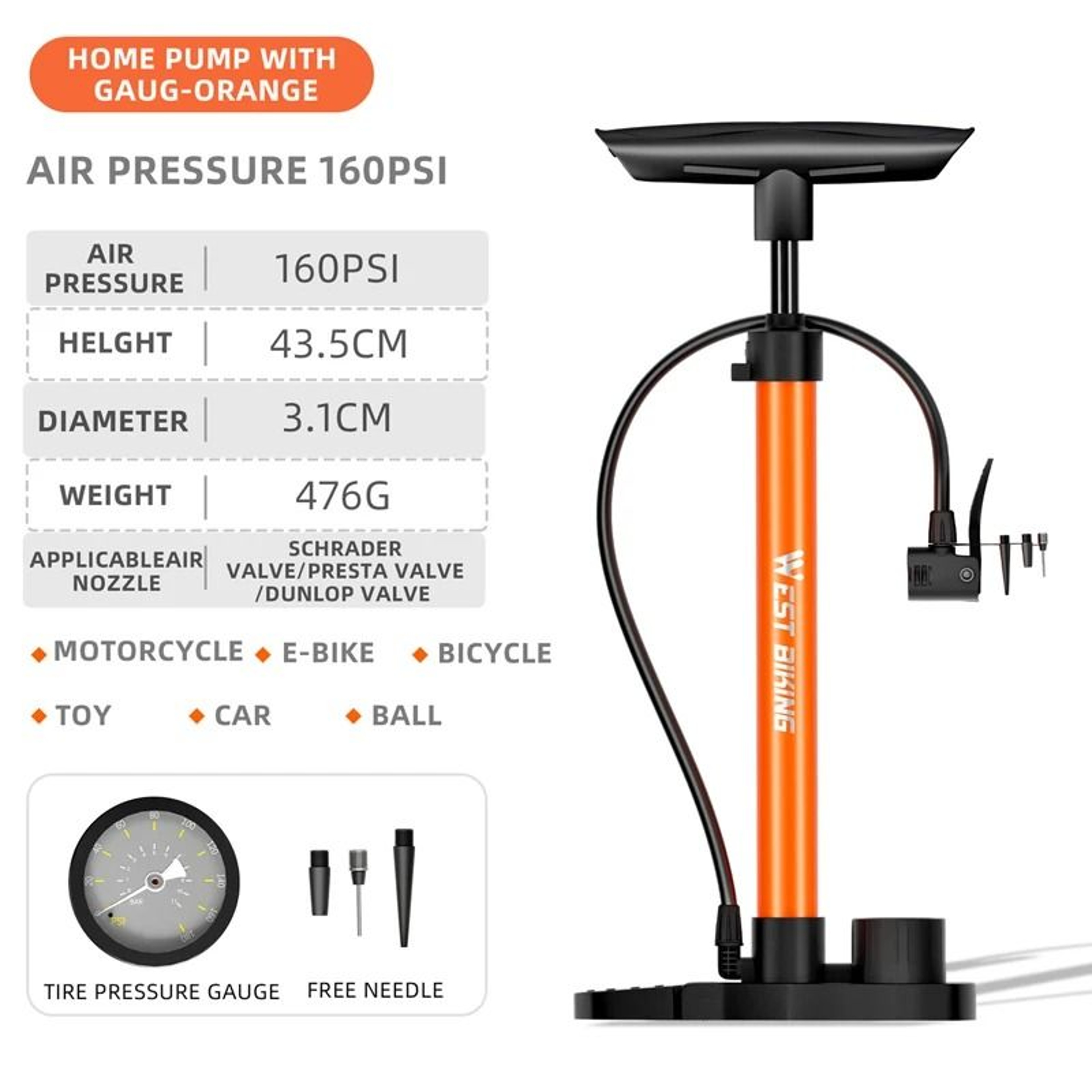 WEST BIKING HighPressure Floor Pump  160PSI Portable Stainless Steel Inflator With Precision Gauge 6