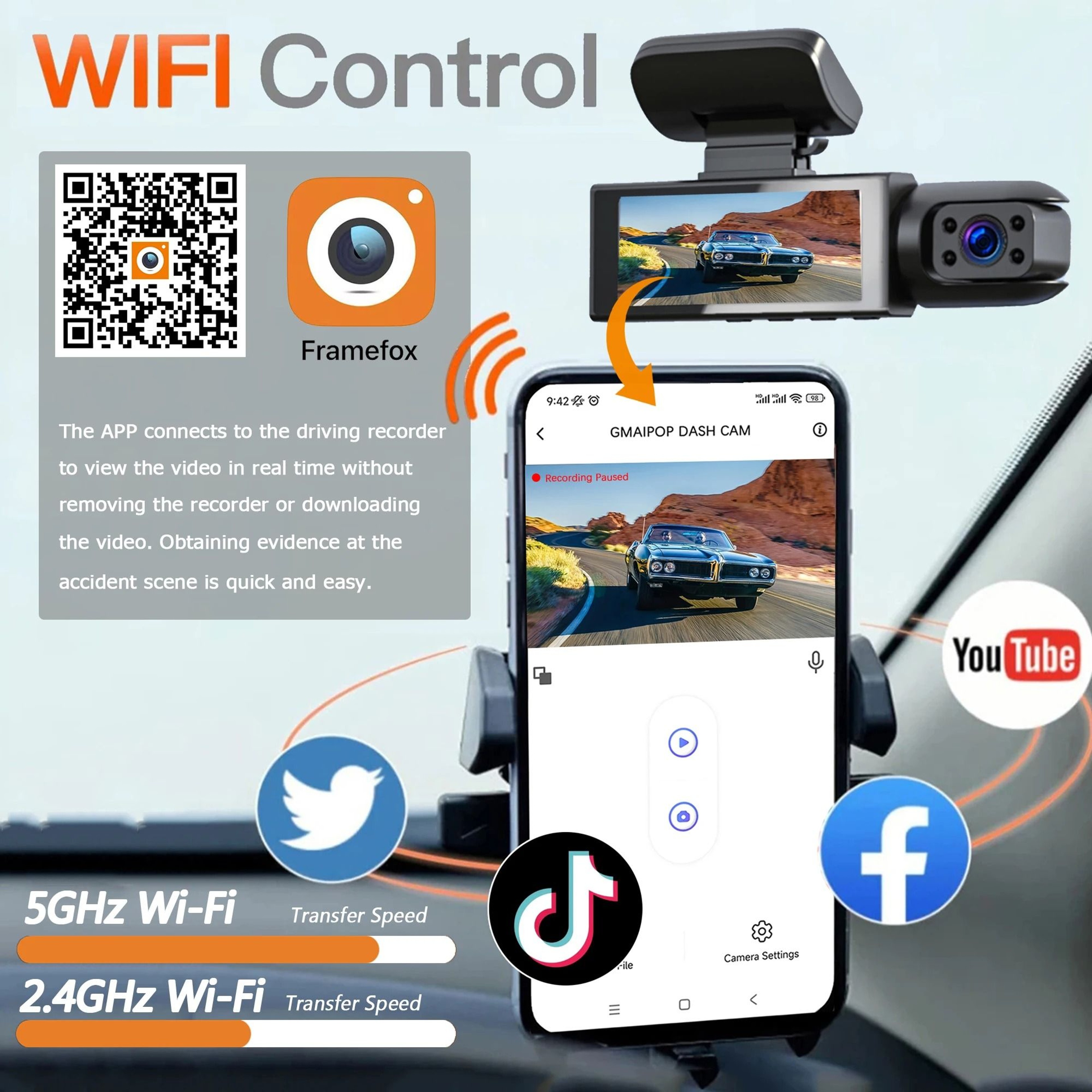 1080P WiFi Dual Dash Cam  Front  Interior Car Camera With IR Night Vision  Loop Recording 1