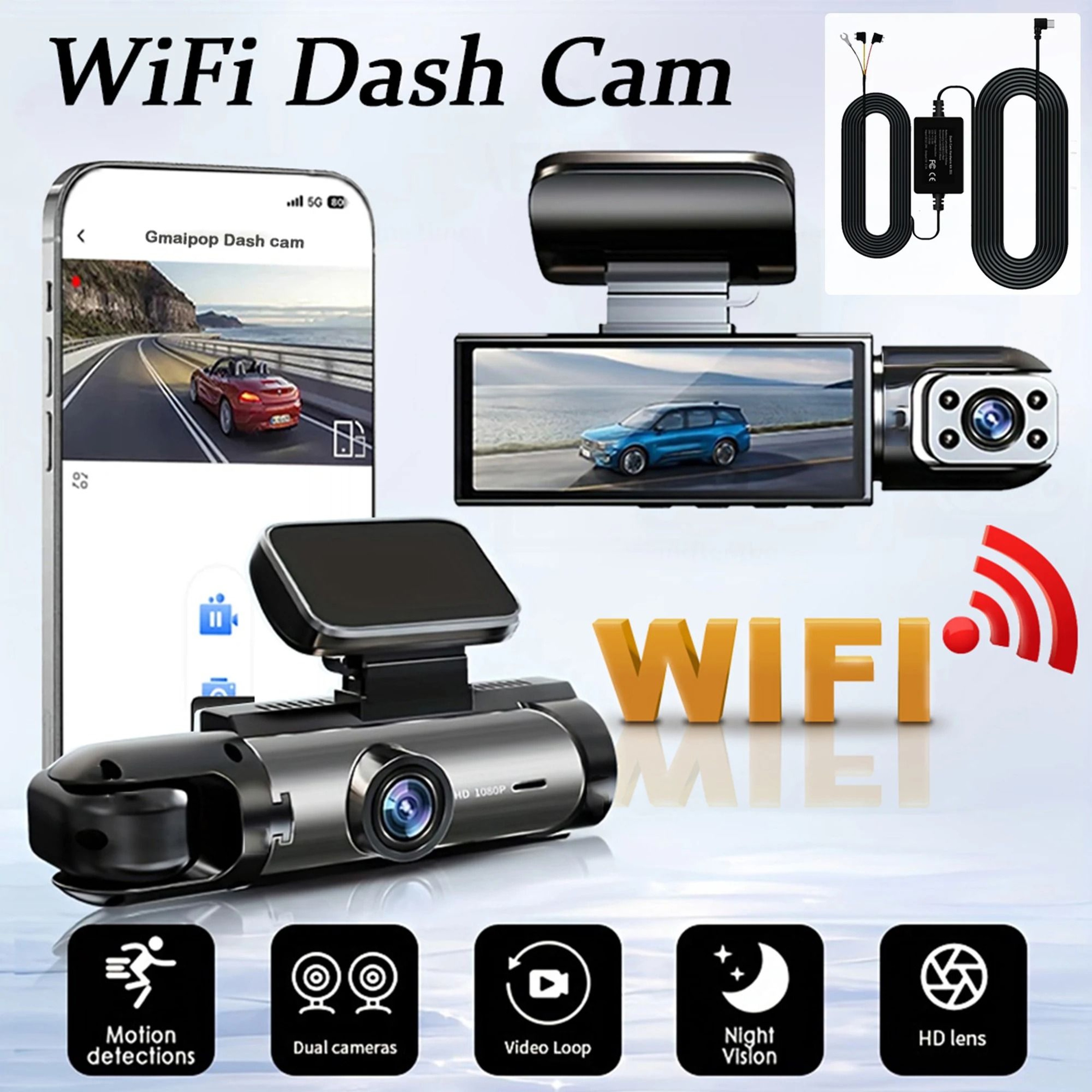 1080P WiFi Dual Dash Cam  Front  Interior Car Camera With IR Night Vision  Loop Recording 7