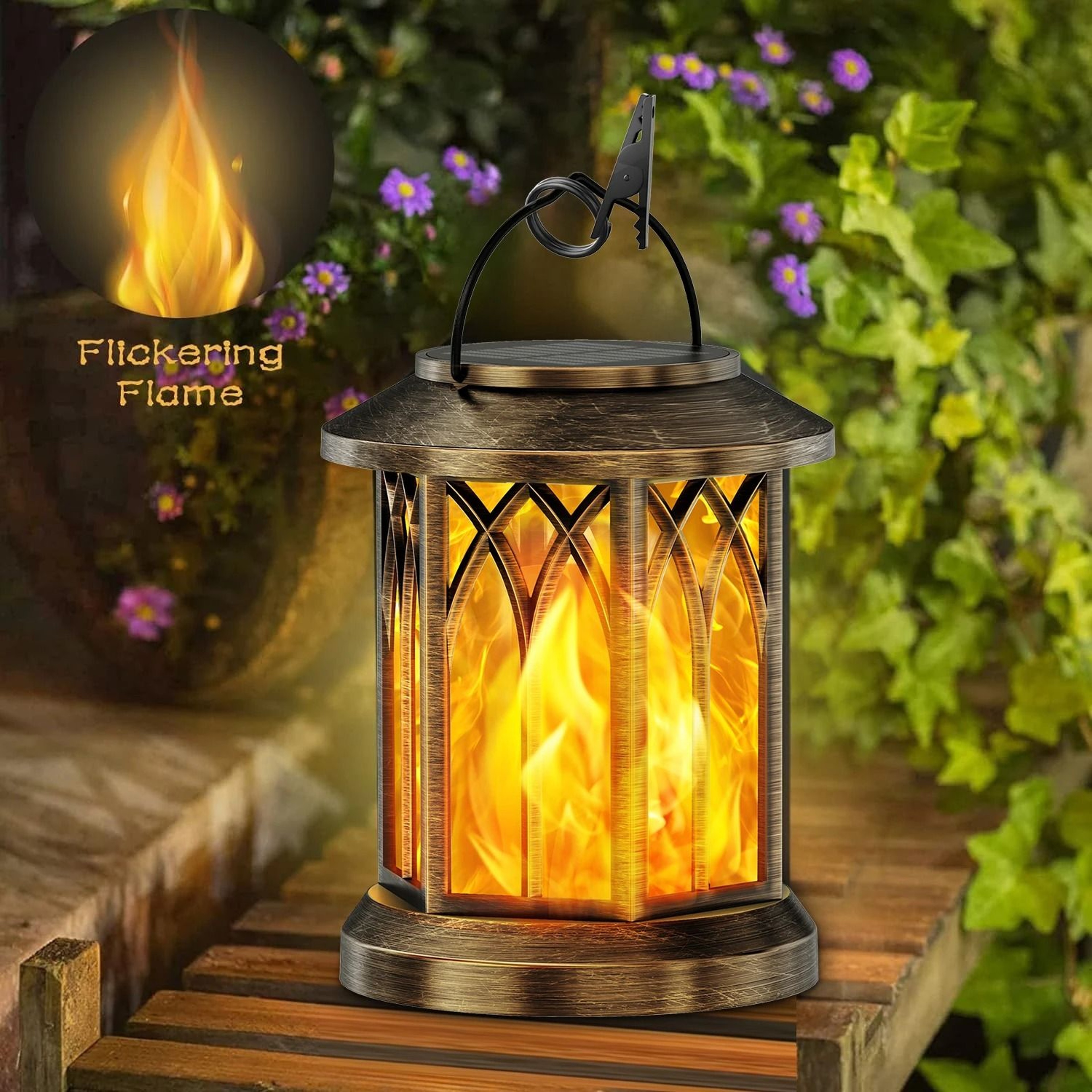2Pack Upgraded Flickering Flame Solar Lanterns  Hanging Outdoor Garden Lights In Bronze  Black 0