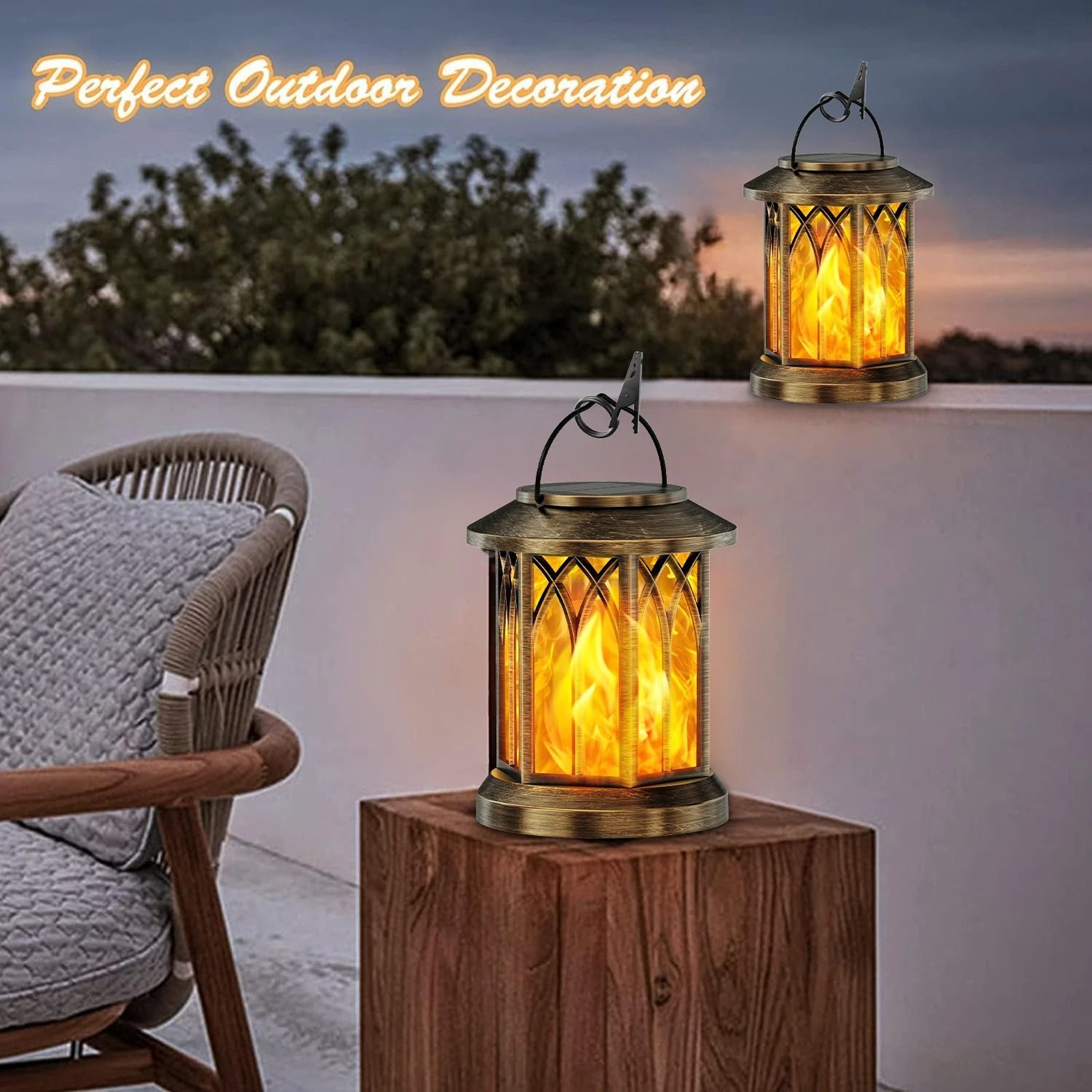 2Pack Upgraded Flickering Flame Solar Lanterns  Hanging Outdoor Garden Lights In Bronze  Black 1
