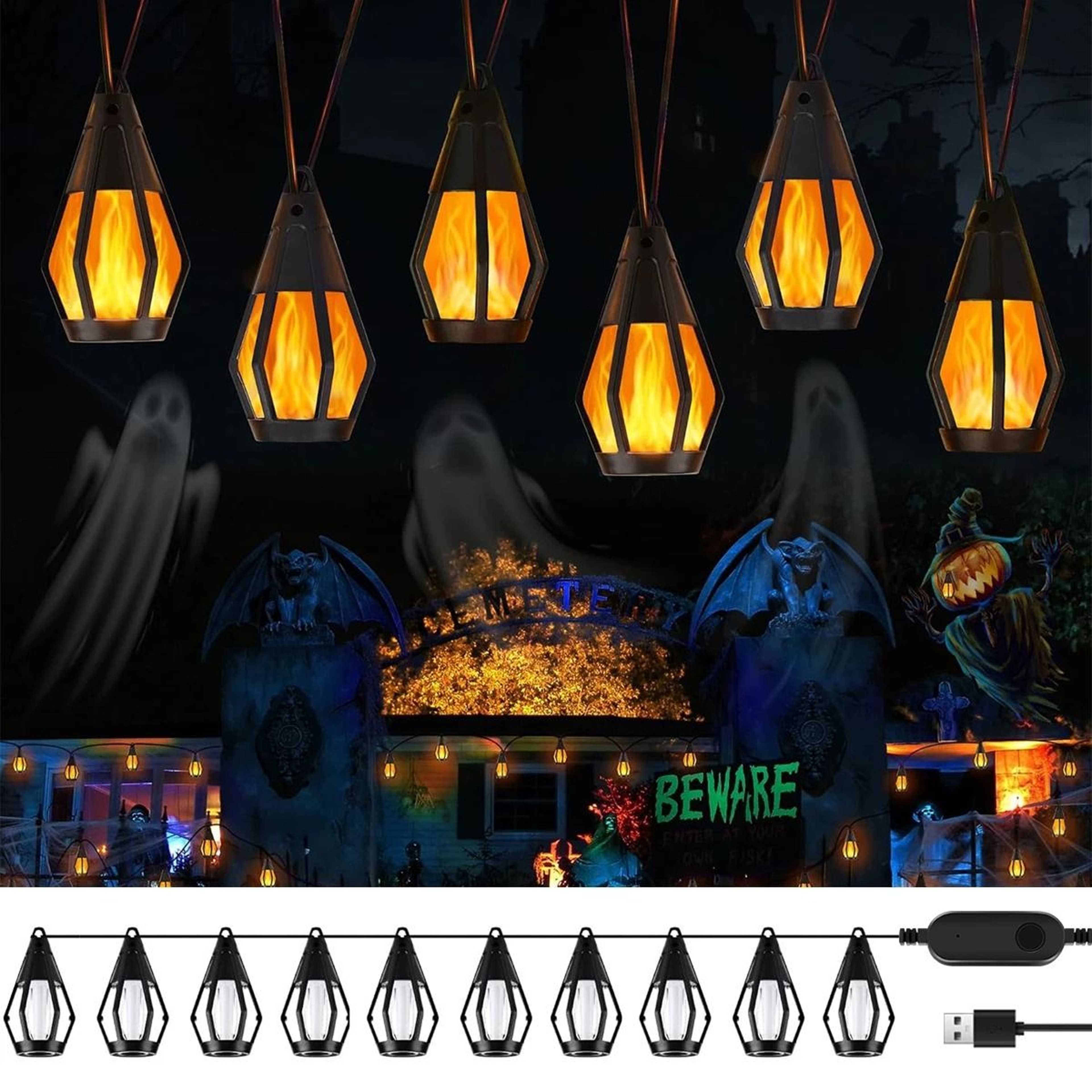 10Bulb Flickering Flame Solar String Lights  Waterproof Outdoor Halloween Yard  Patio Decor 0