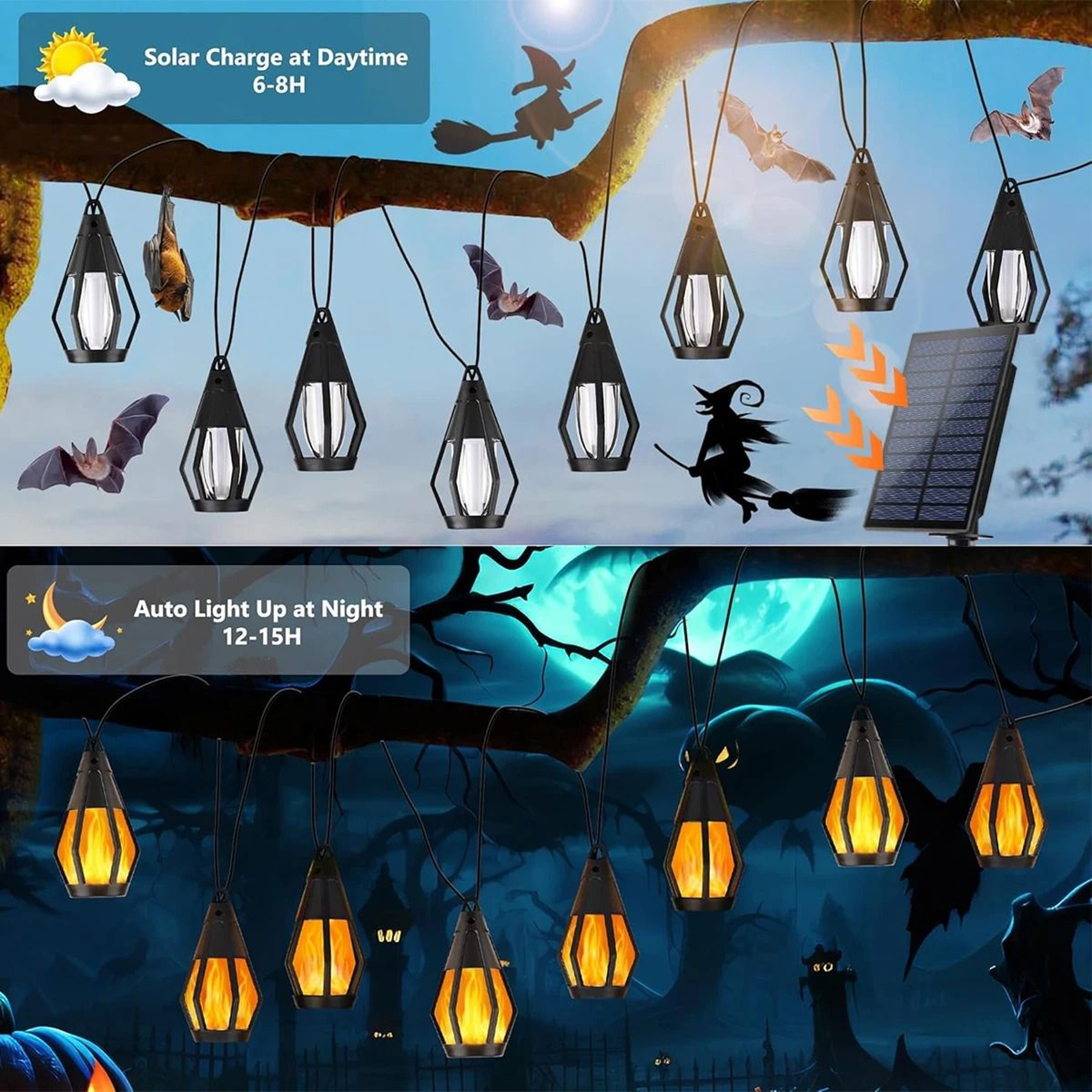 10Bulb Flickering Flame Solar String Lights  Waterproof Outdoor Halloween Yard  Patio Decor 1