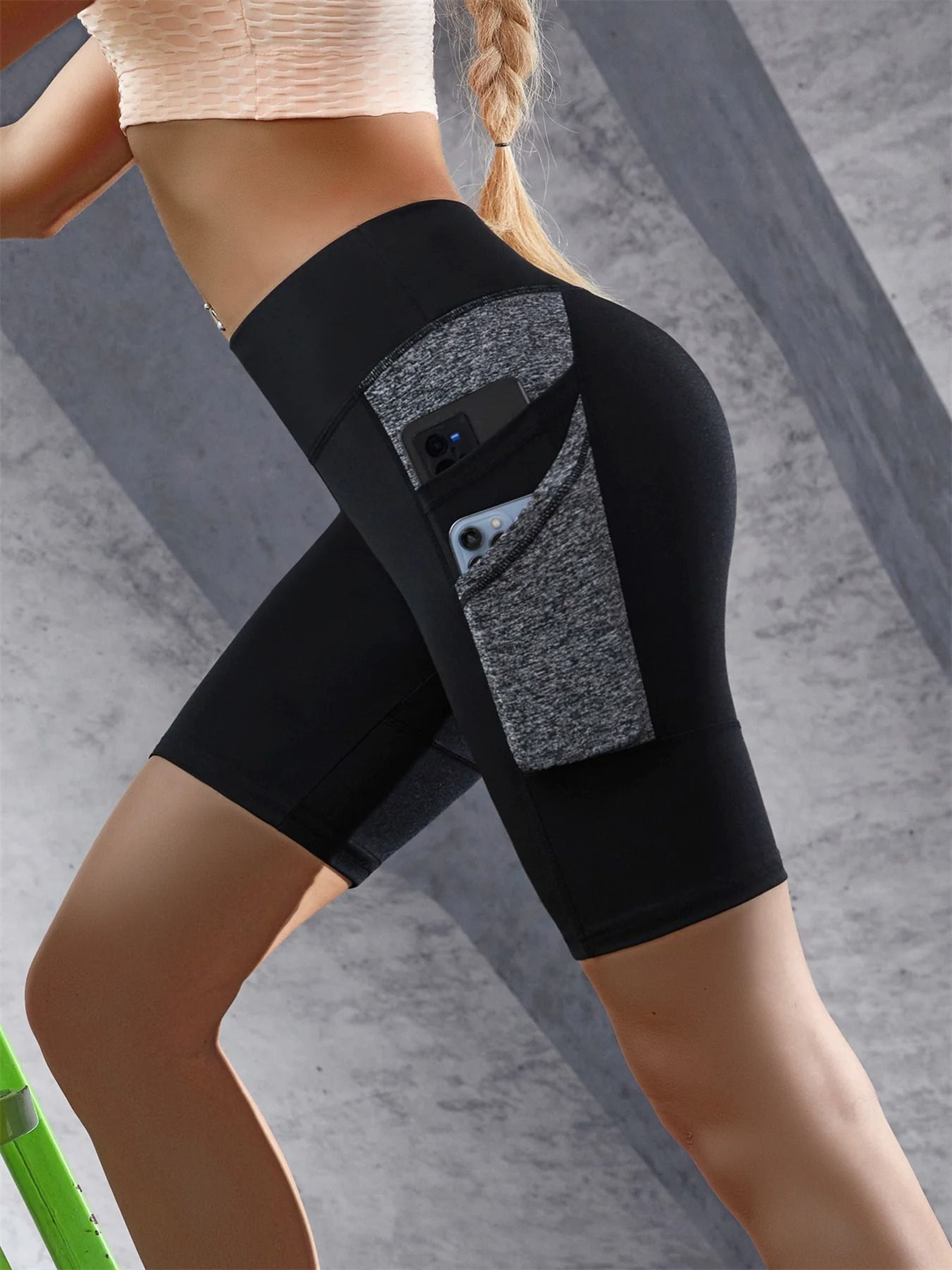 Womens Colorblocked Yoga Shorts  High Waist Tummy Control Gym Workout Shorts With Double Side Pocke 4