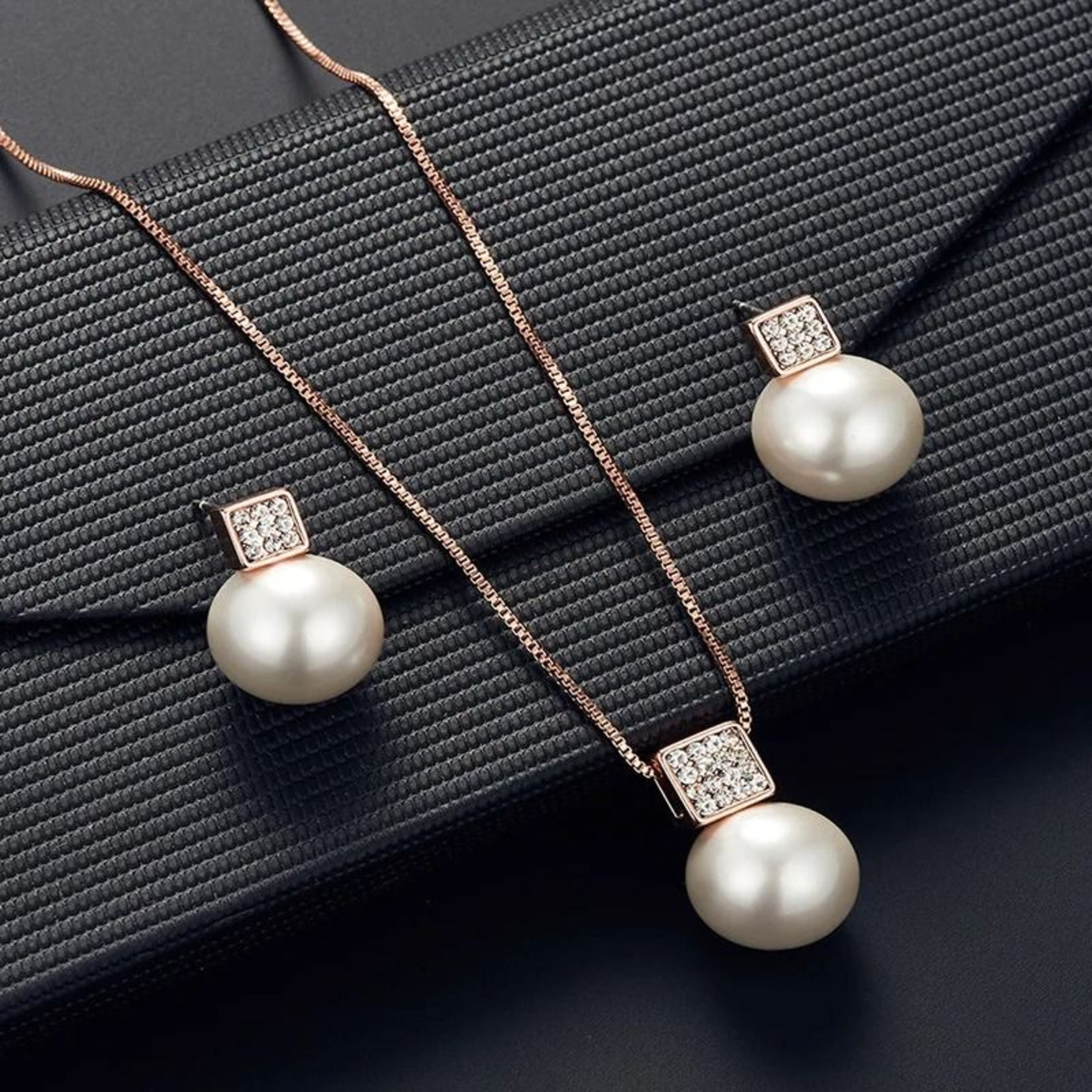 2 PCS Imitation Pearl Pendant Necklace And Earring Stud Set Silver Color Snake Chain Crystal Jewelr 6