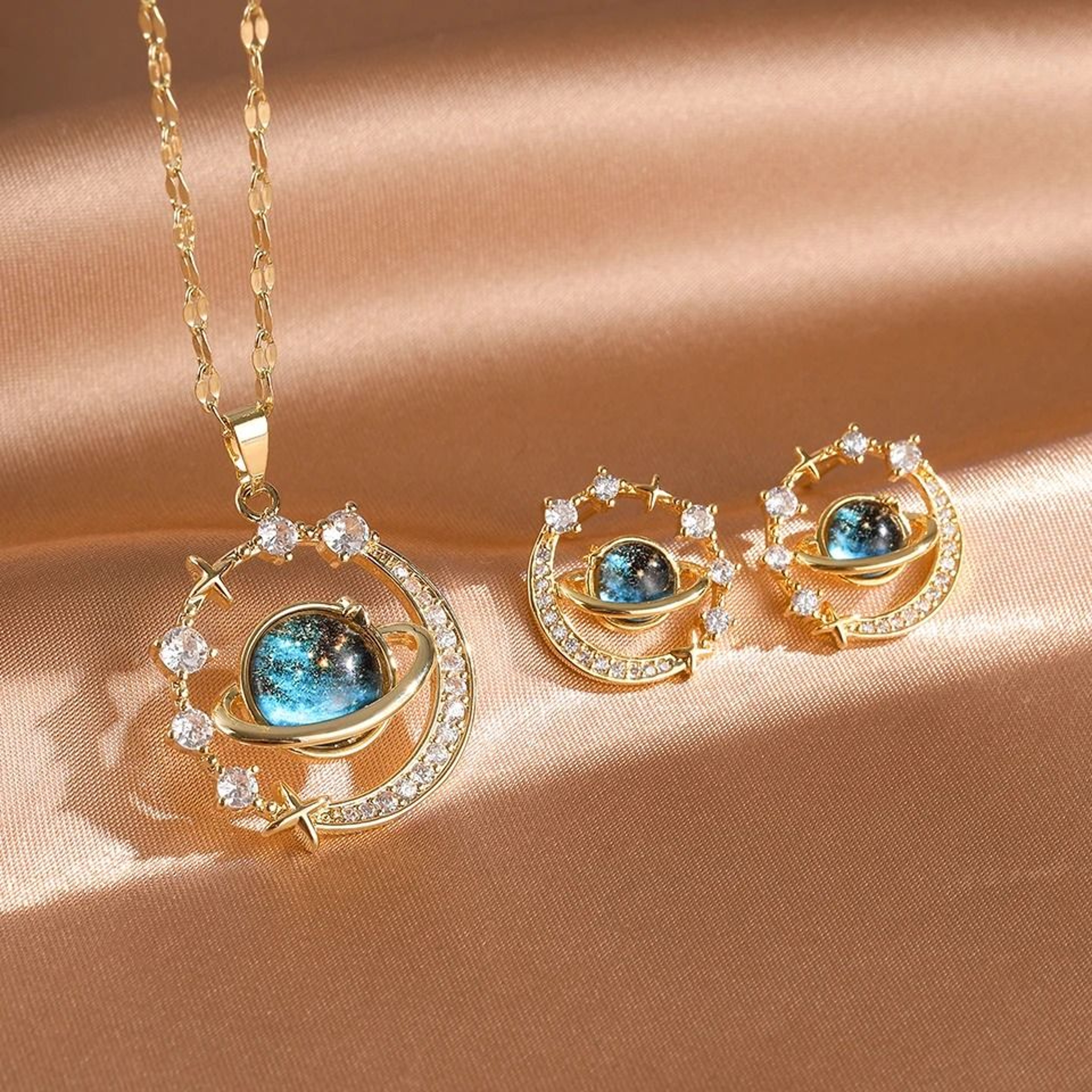 ZAKOL 2Pcs Titanium Steel Planet Round Earring Necklace Sets Niche Fashion Female Jewelry Gift 2