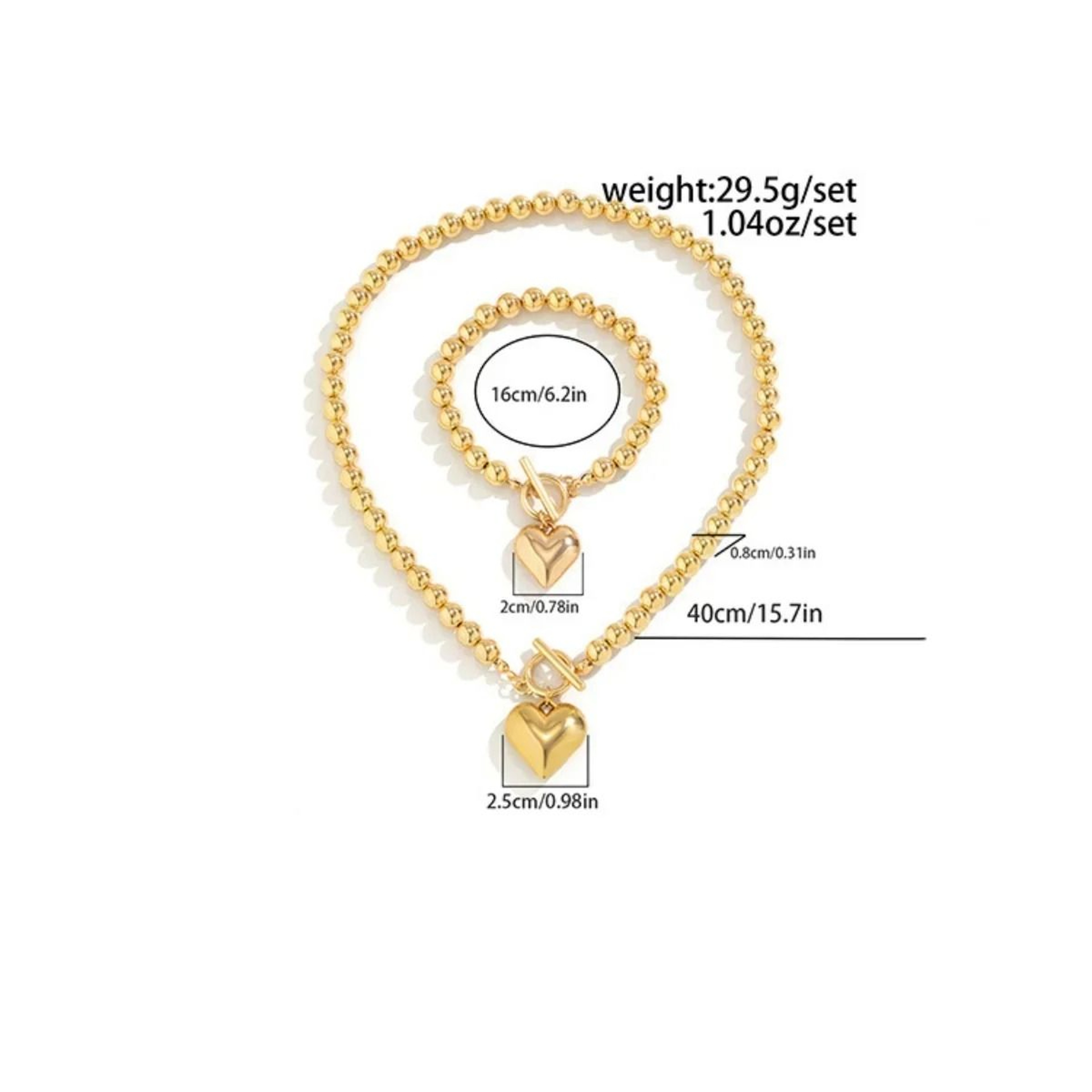 2Pcs Luxury Gold Color Beads Heart Pendant Necklace Bracelet Set Punk Vintage OT Buckle Choker 0