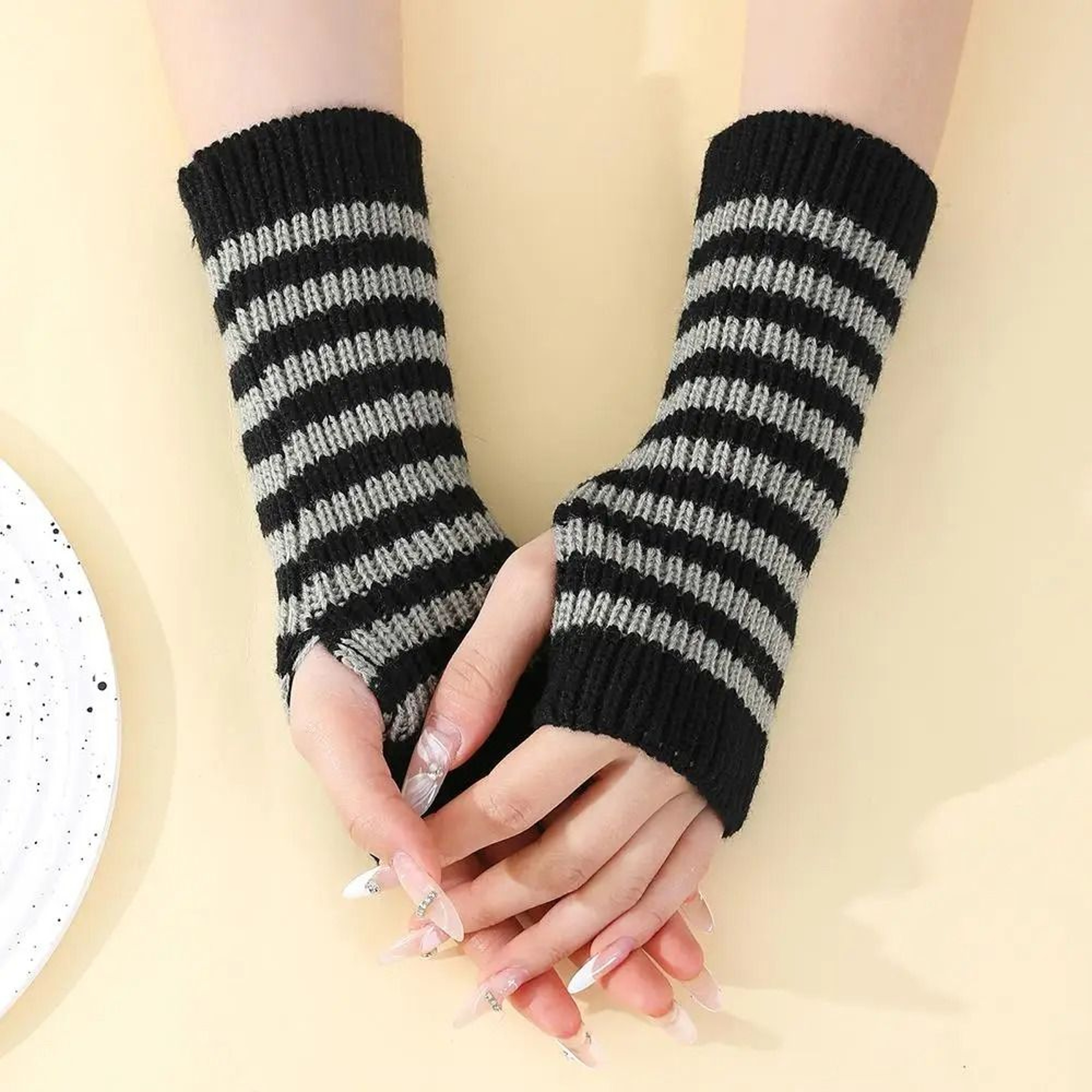 Gothic Striped Fingerless Arm Warmers  Harajuku Y2K Knit Sleeves 17