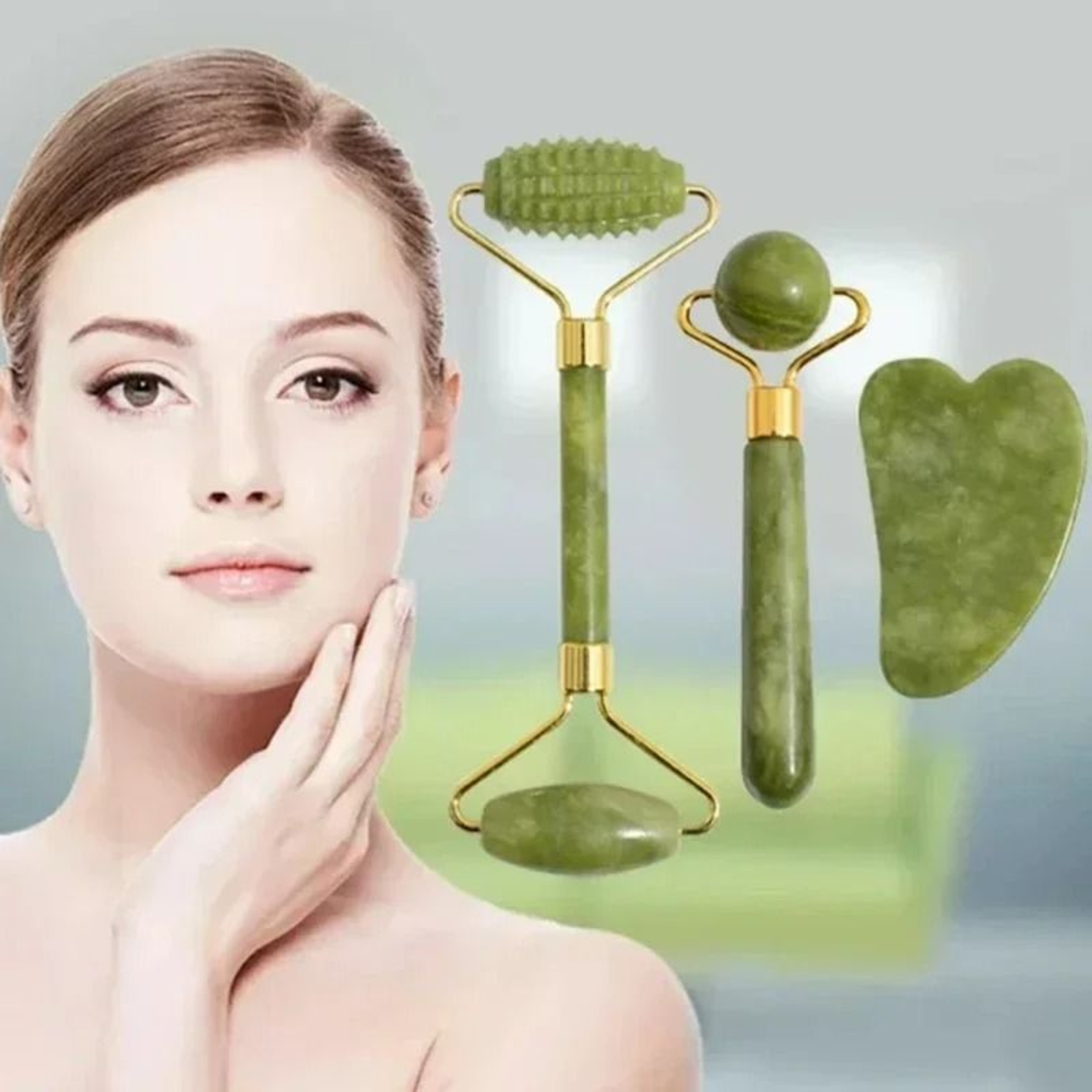 Natural Jade Facial Roller And Gua Sha Body Massager Set 1