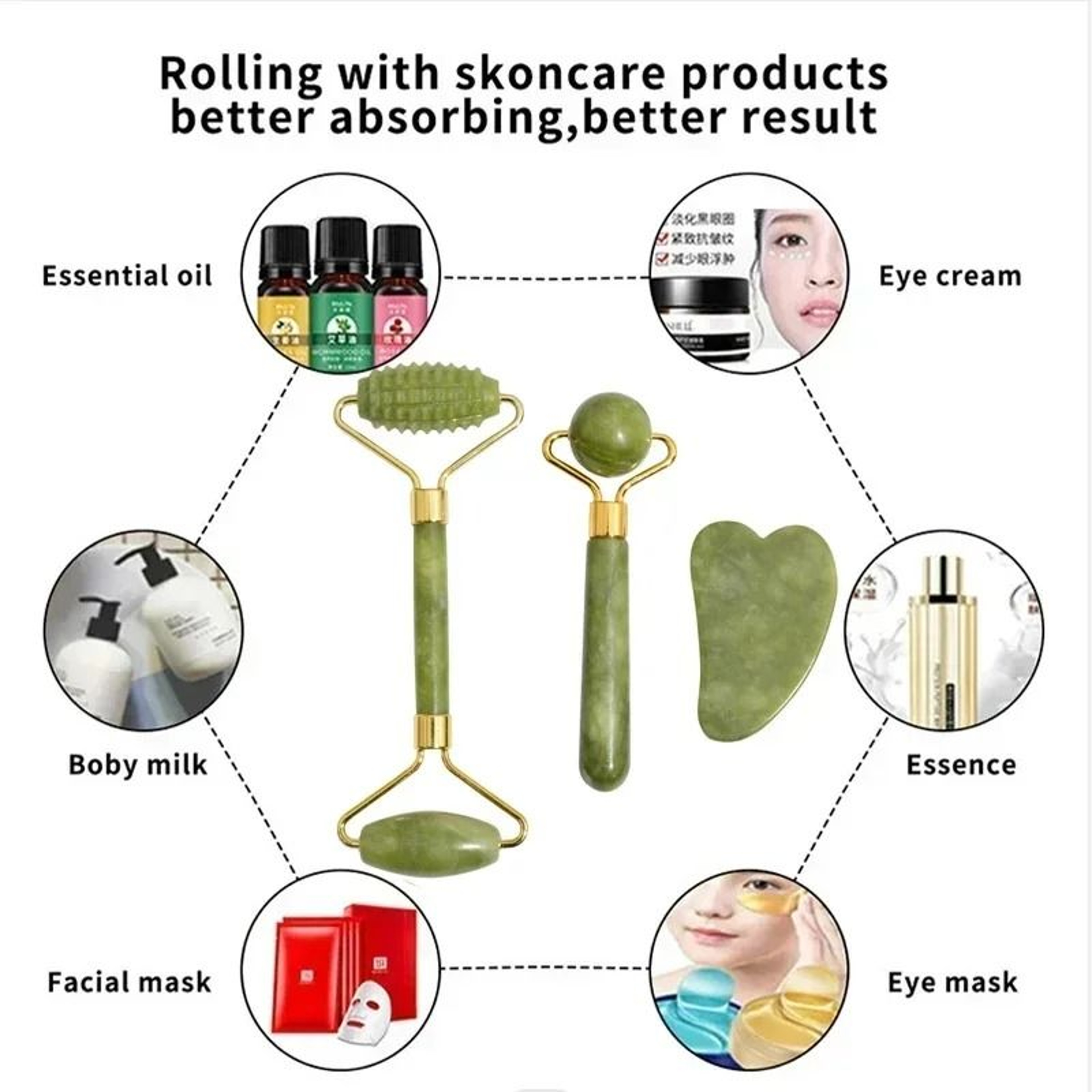 Natural Jade Facial Roller And Gua Sha Body Massager Set 3