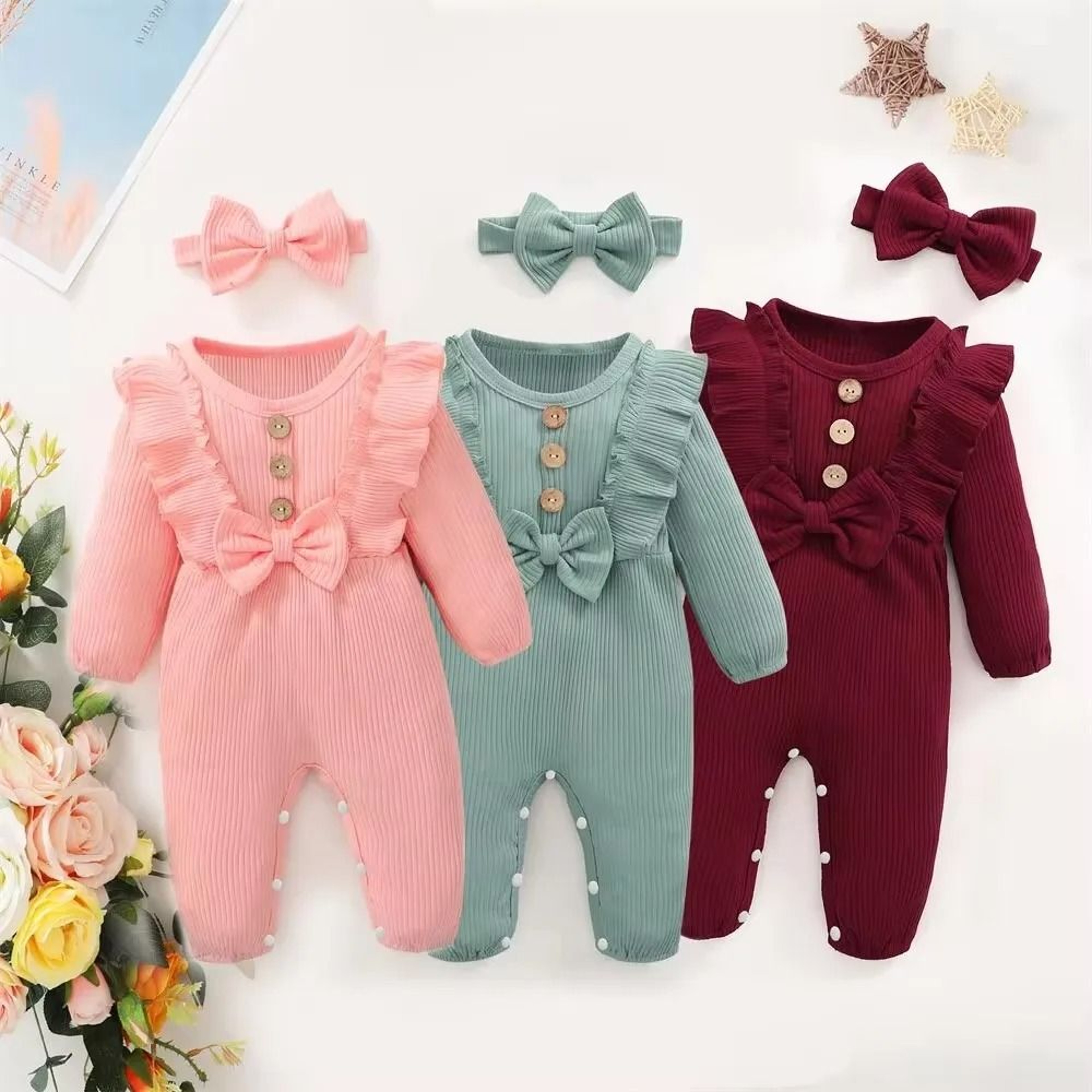 2Piece Newborn Girl Ruffle Romper  Headband  Long Sleeve AutumnWinter Bodysuit 0