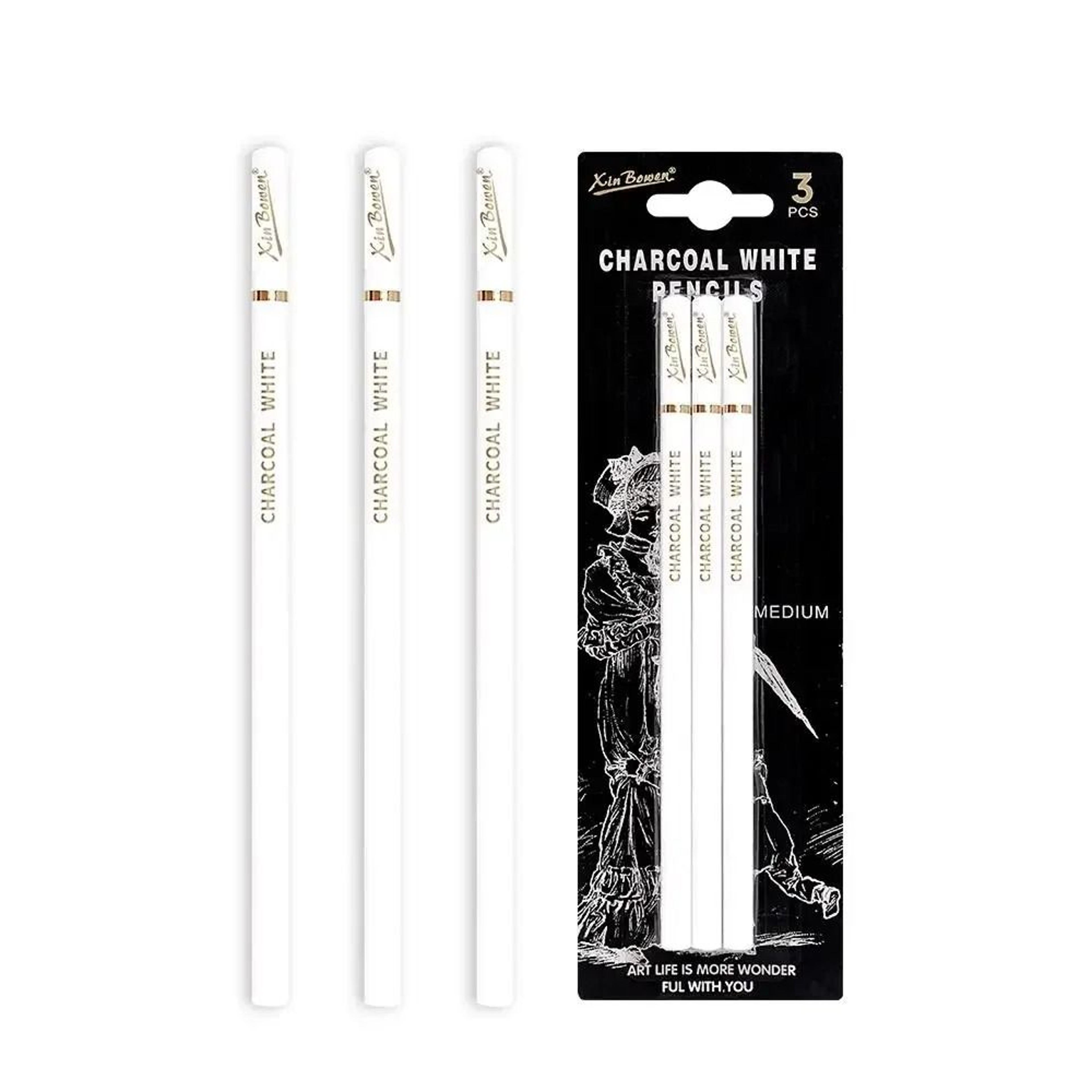3PCS Professional White Charcoal Pencils Sketch Highlight Drawing Shading Blending Art Supplies 6