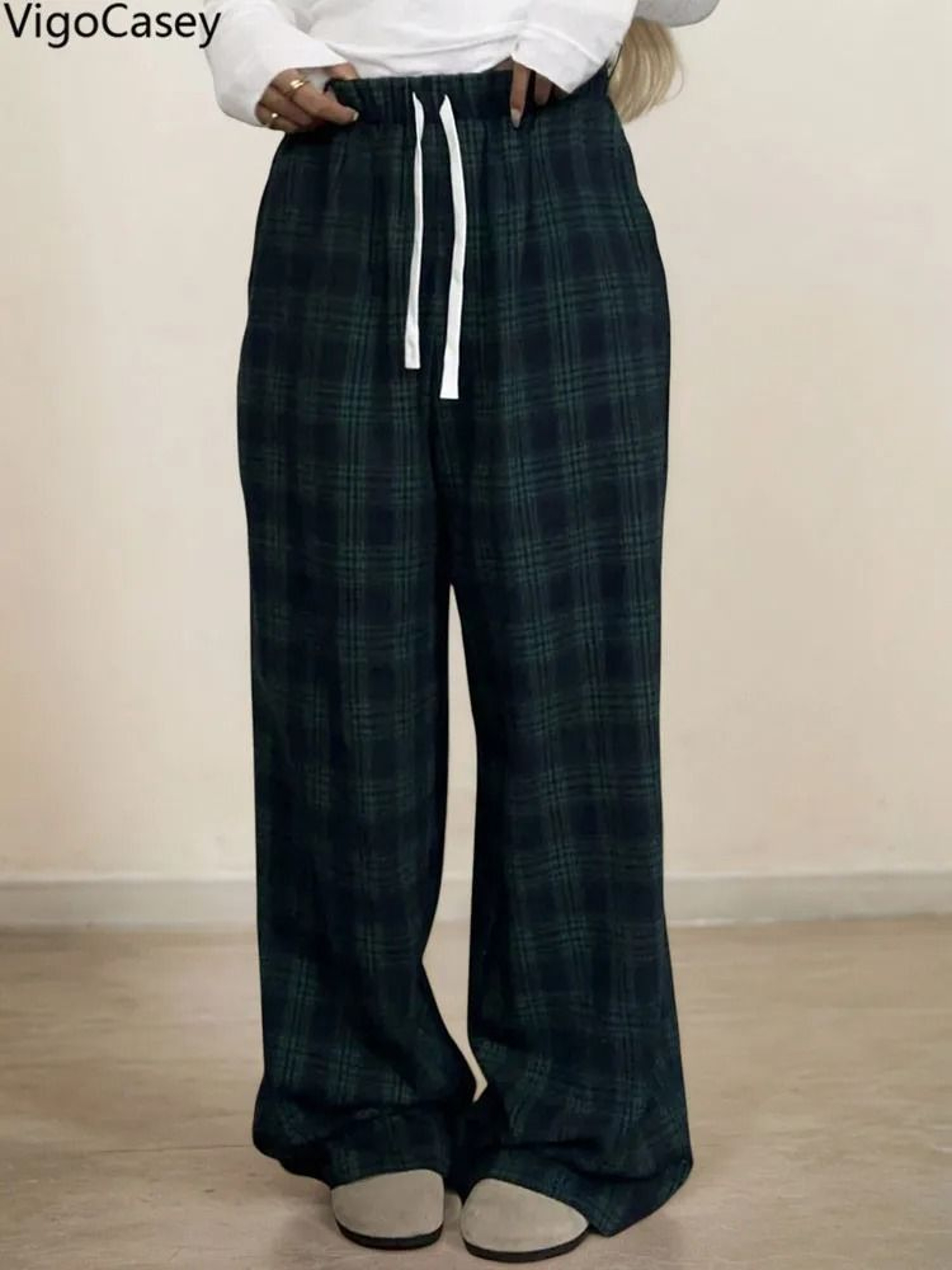 VigoCasey 2025 Women Plaid Print Casual High Waist Wide Leg Pants Green Baggy Autumn Winter Trouser 0