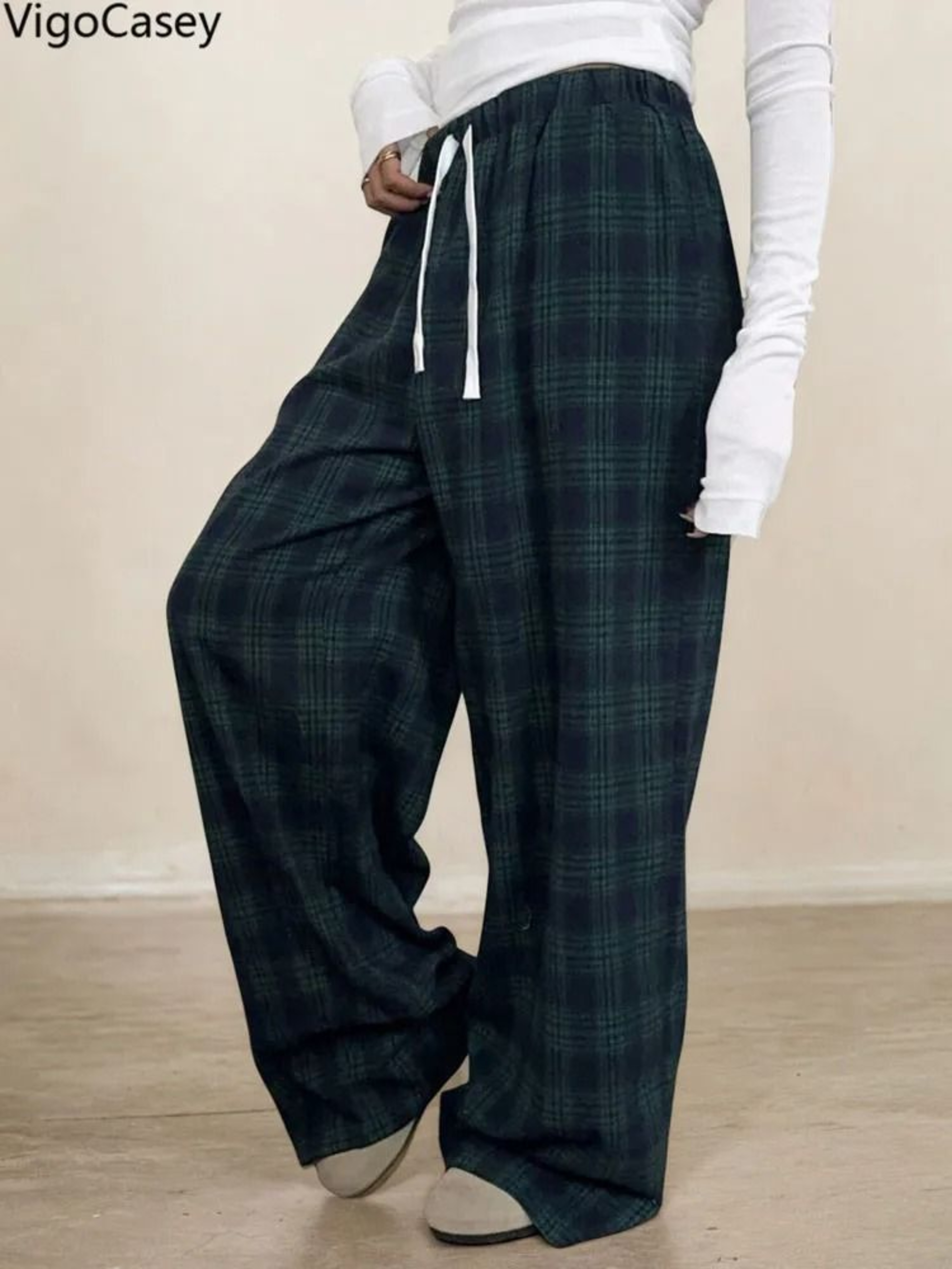 VigoCasey 2025 Women Plaid Print Casual High Waist Wide Leg Pants Green Baggy Autumn Winter Trouser 1